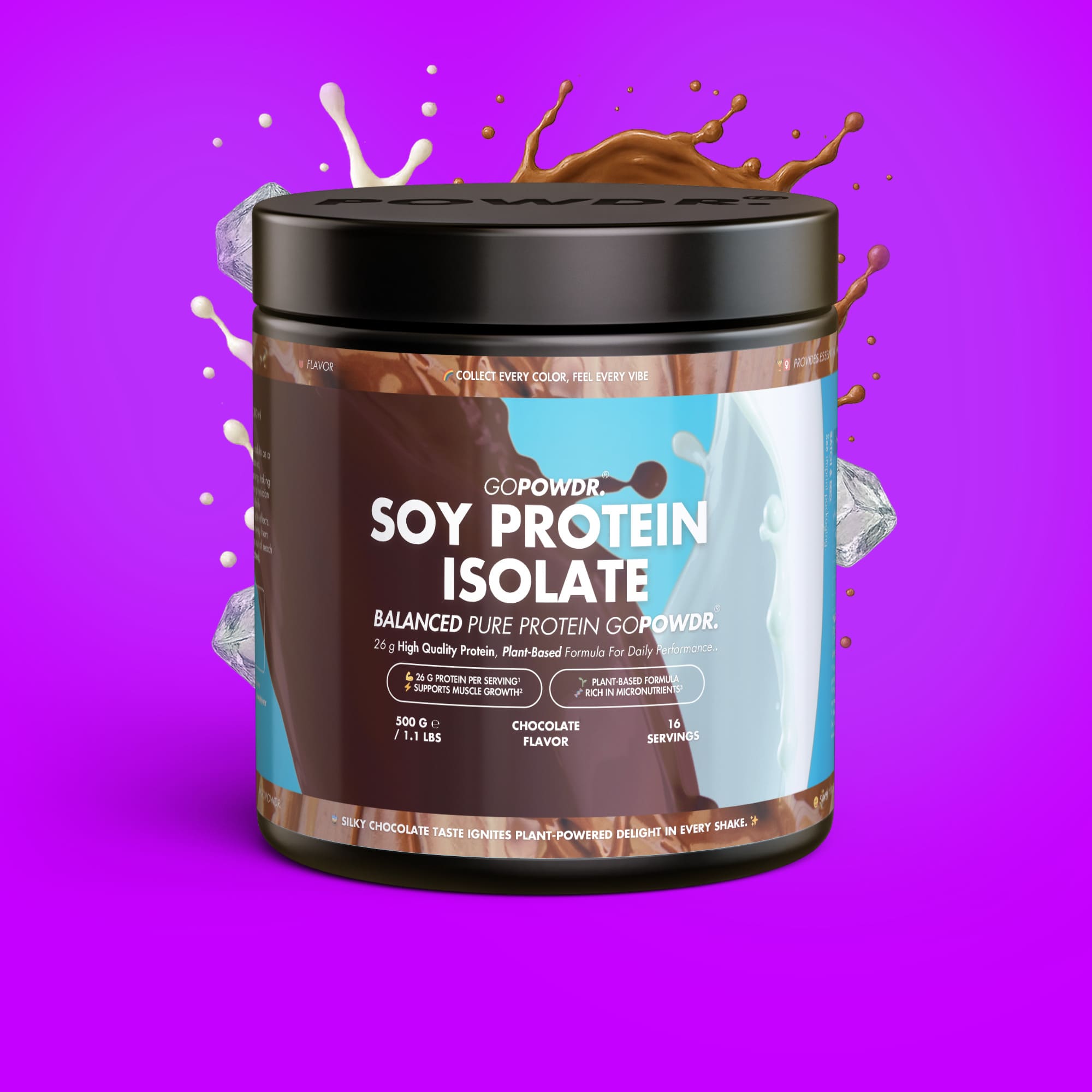GOPOWDR Soy Protein Isolate with a purple background