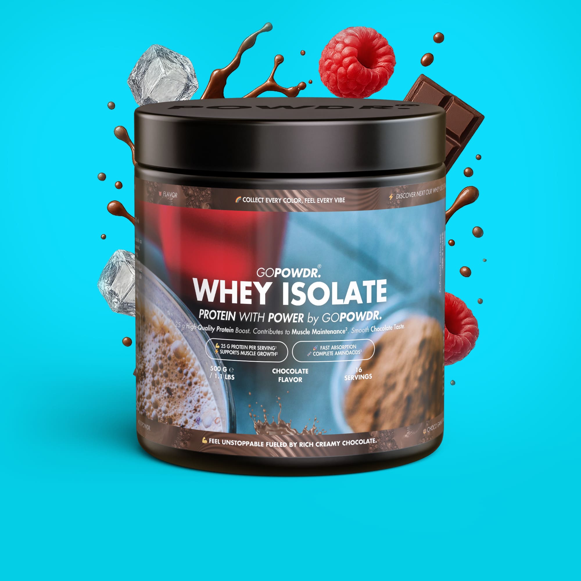GOPOWDR Whey Isolate protein powder container with chocolate, raspberry, and ice cream graphics on a blue background