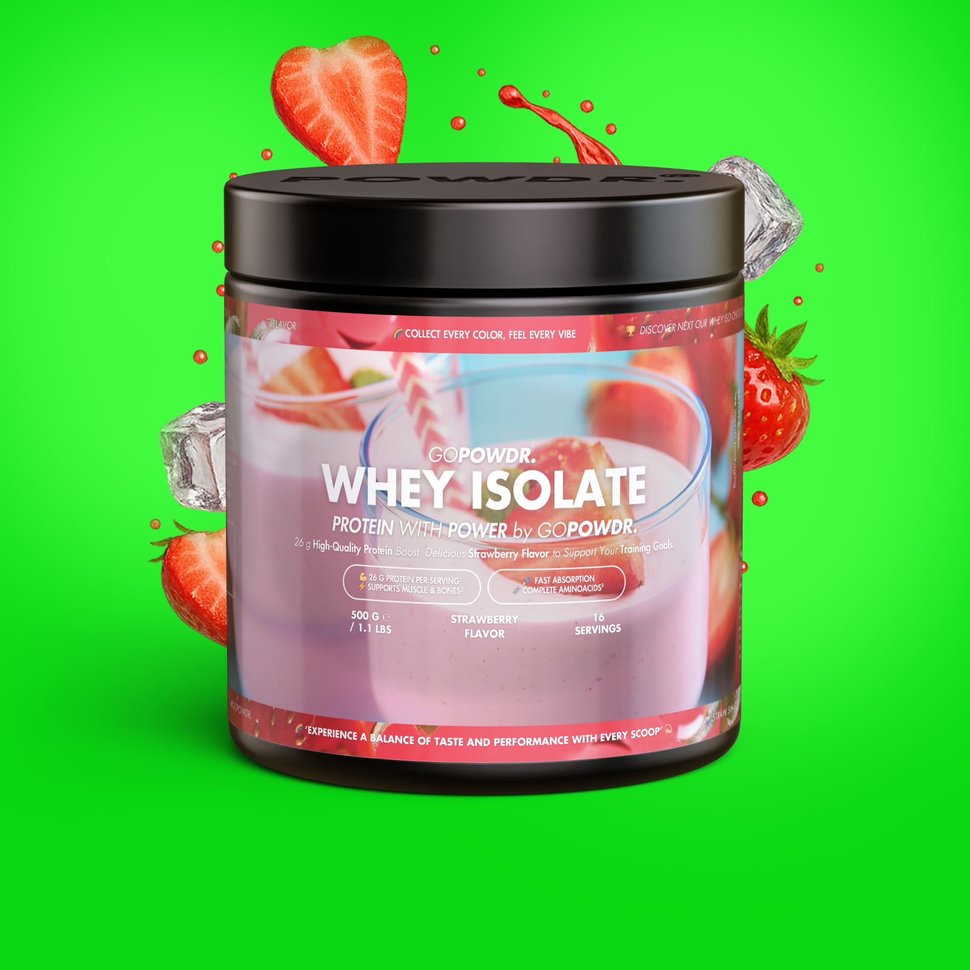 GOPOWDER Whey Isolate protein powder with strawberries and a scoop on a green background