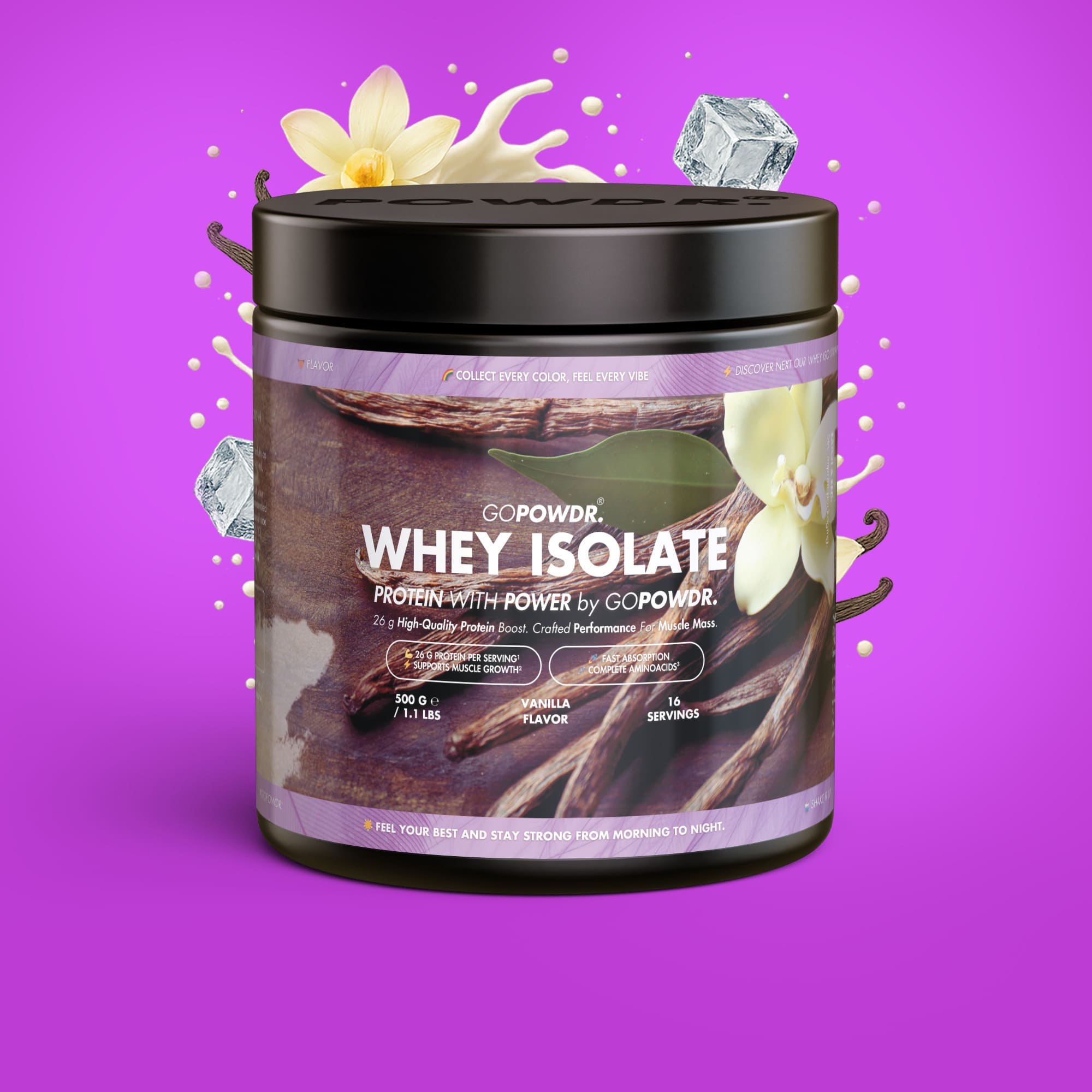 GOPOWDR Whey Isolate protein powder on a purple background with vanilla flowers and diamonds.