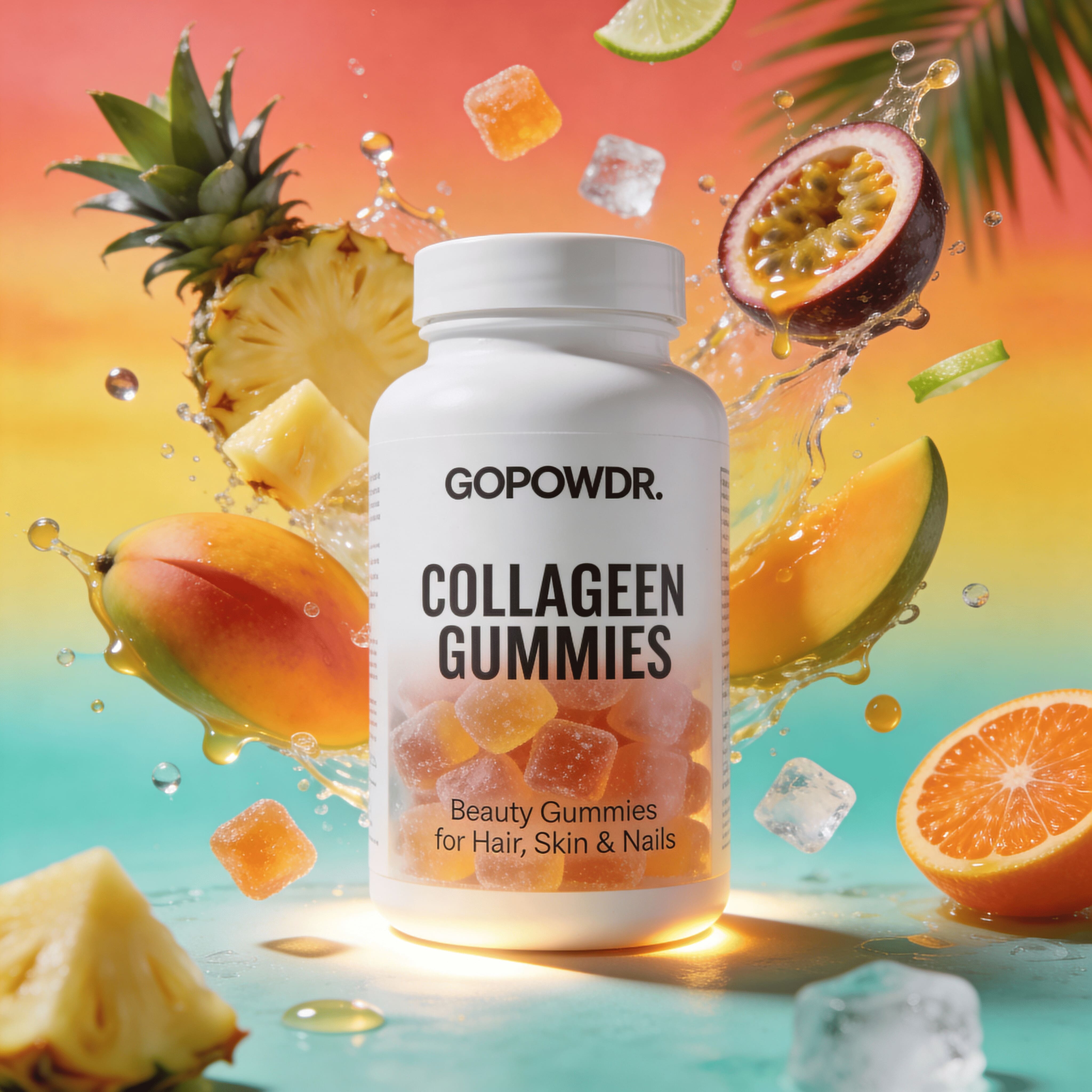 GOPOWDR Collagen Gummies bottle with tropical fruits on a colorful background