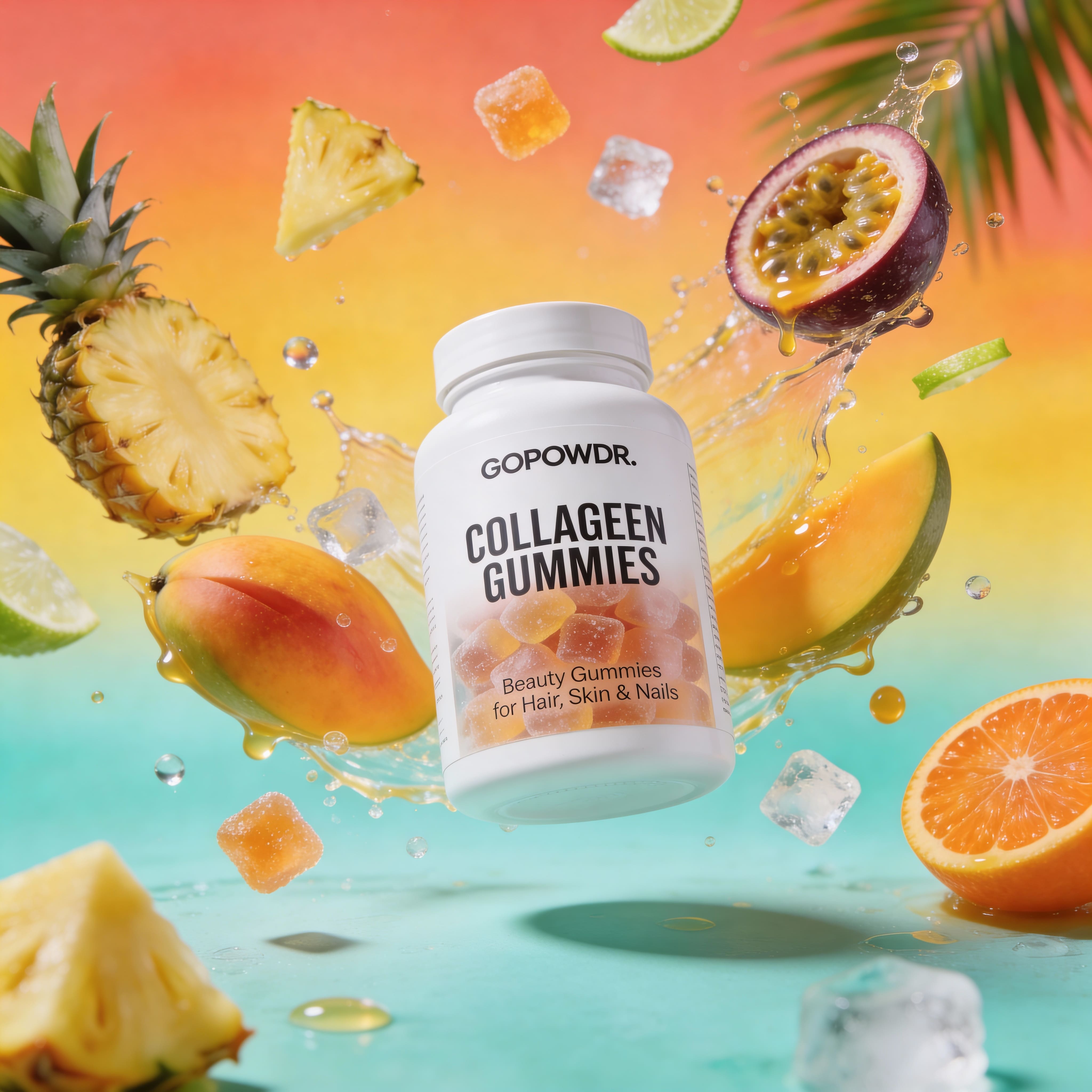 Collagen gummies bottle with fruits and ice cubes on a colorful gradient background