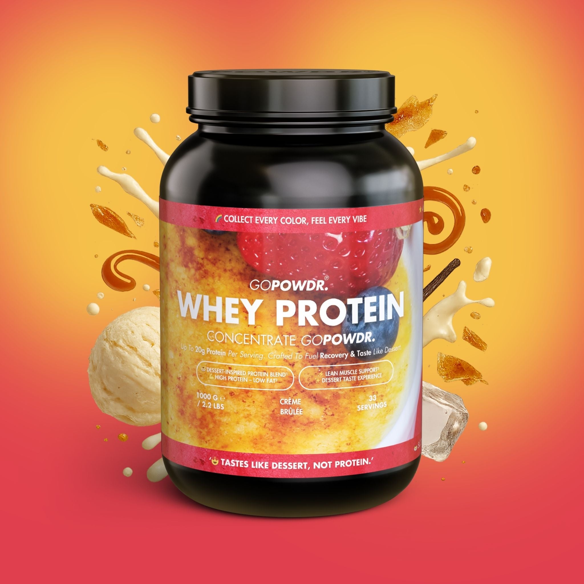 GOPOWDR whey protein concentrate container on a colorful background
