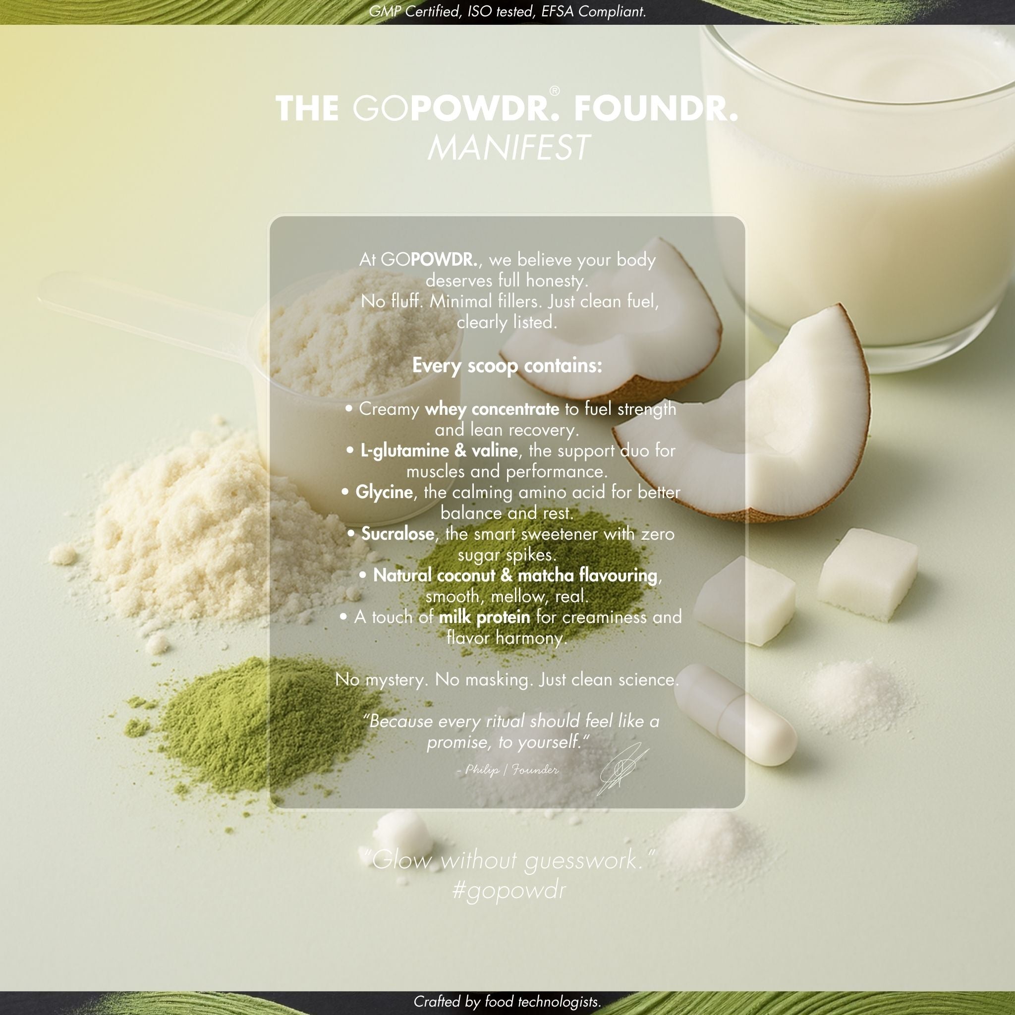 GOPOWDR protein powder with coconut slices and a glass of milk on a light background