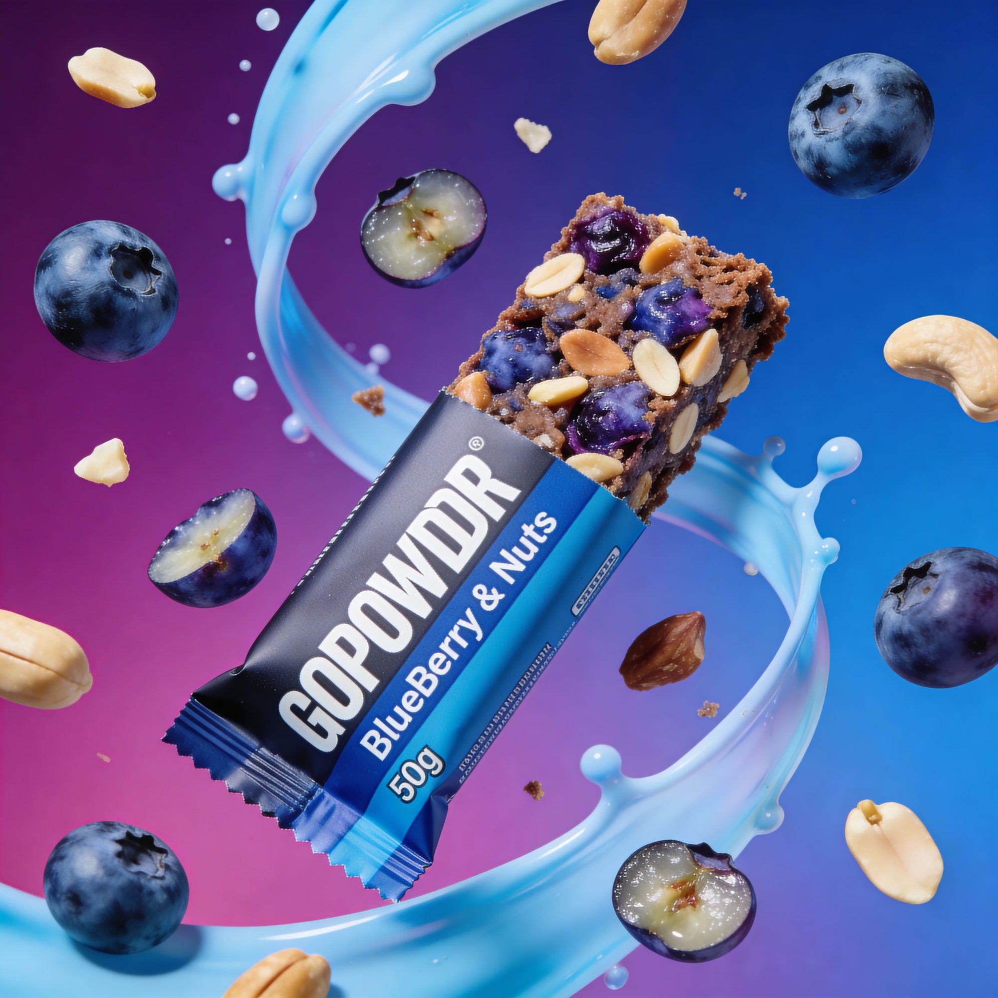 GOPOWDR Blueberry & Nuts protein bar with blueberry and cashew nuts in a colorful background