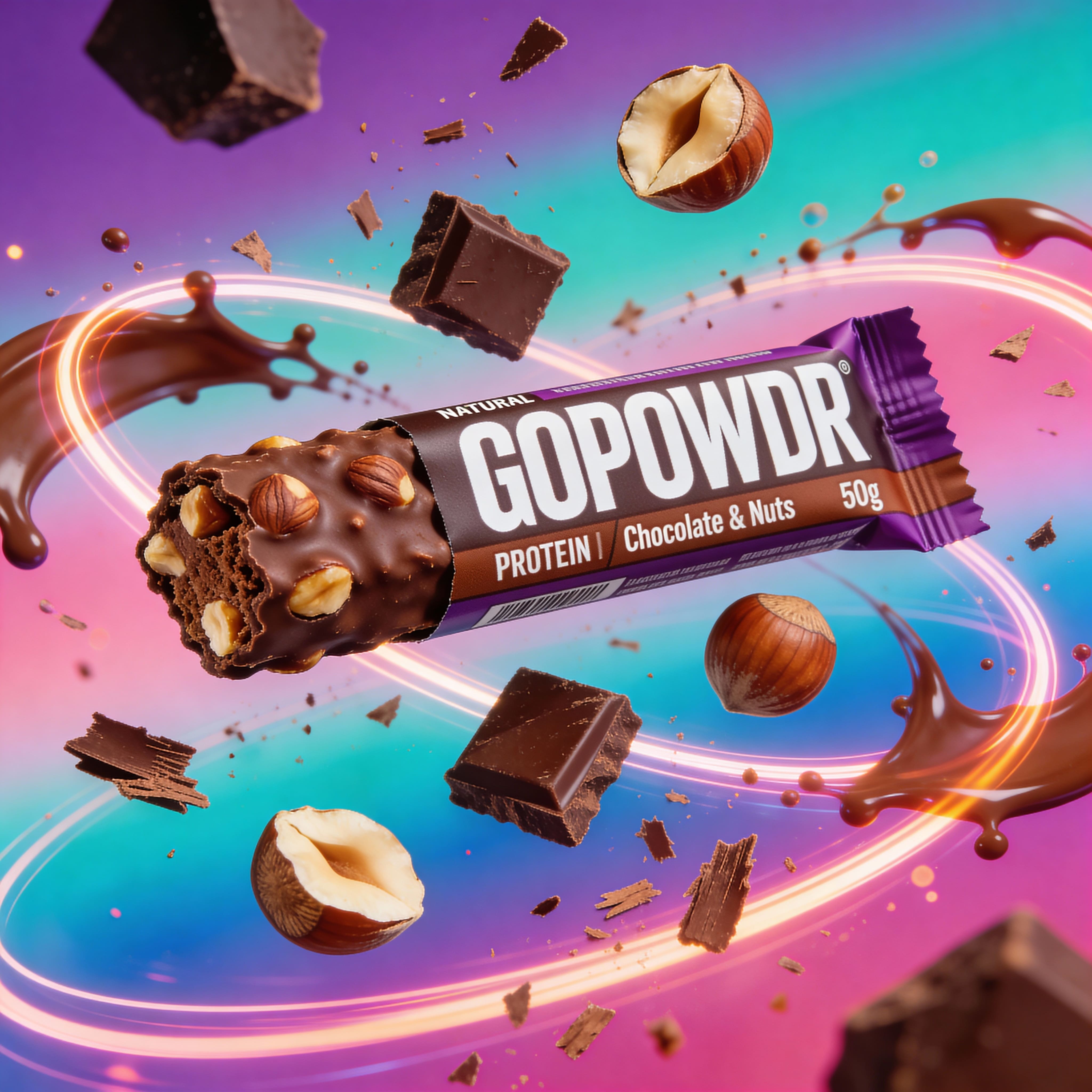 GOPOWDR protein bar with chocolate and nuts on a colorful background