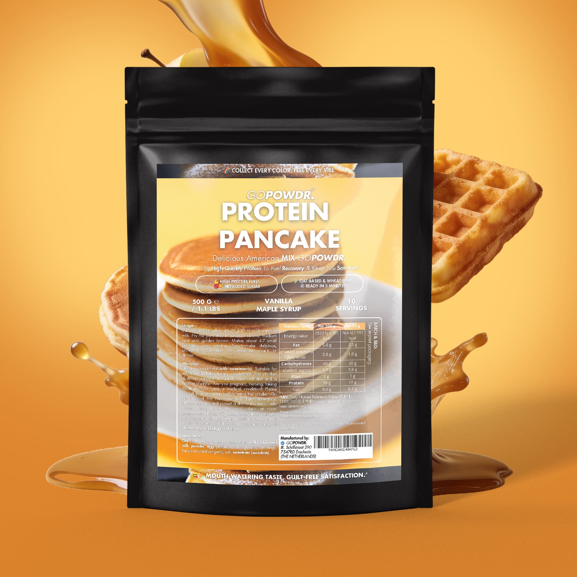 GOPOWDR Protein Pancake Mix Vanilla Maple Syrup 500 g high protein pancake mix