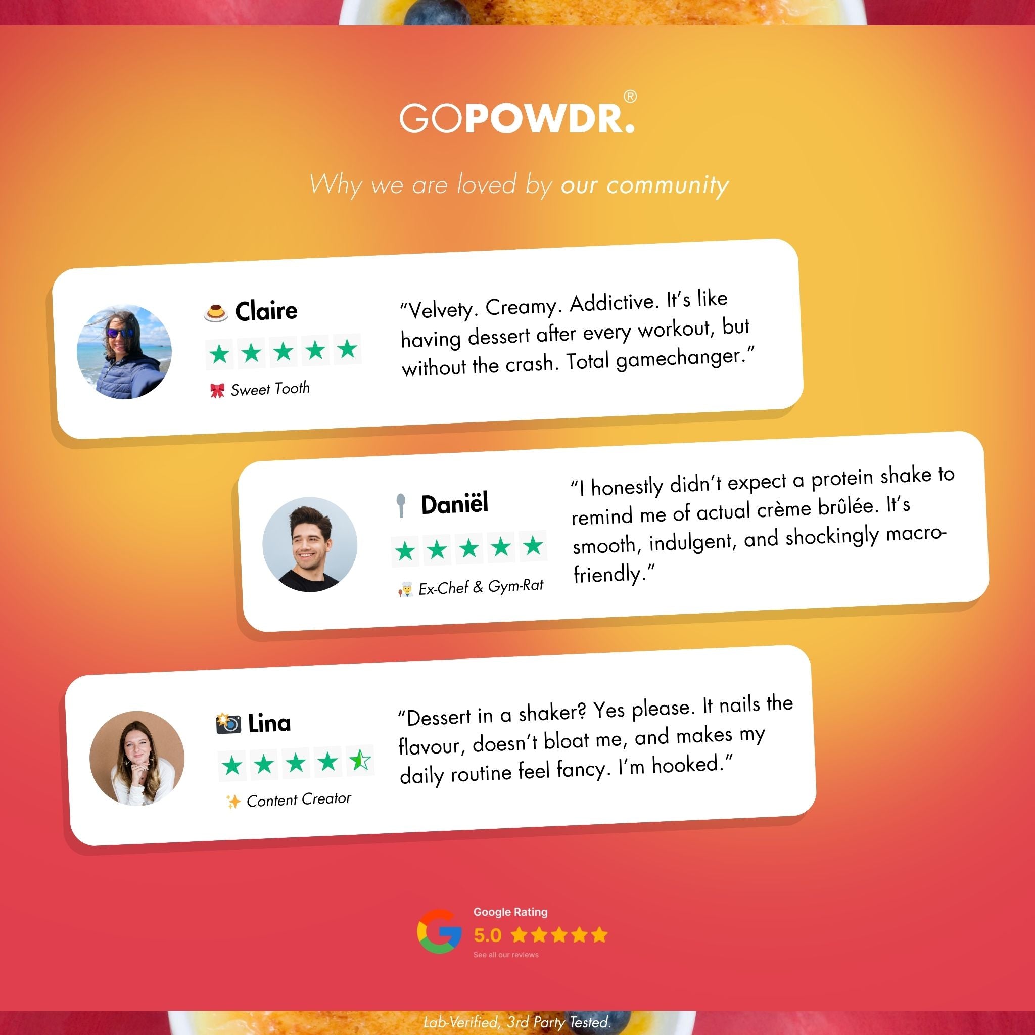 GOPOWDR product review section with user testimonials on a gradient background