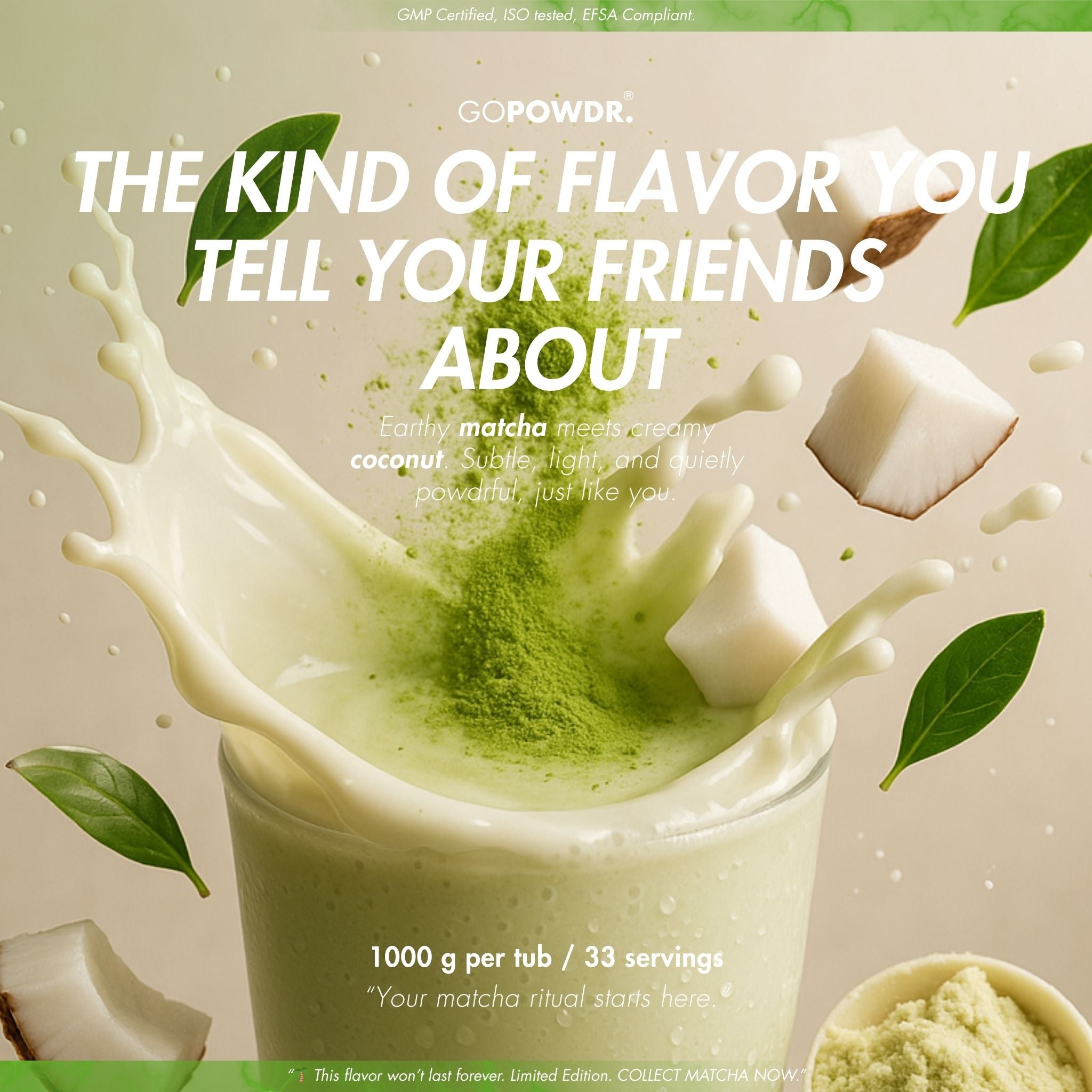 Promotional image of a matcha drink with coconut, featuring text about flavor and product details.