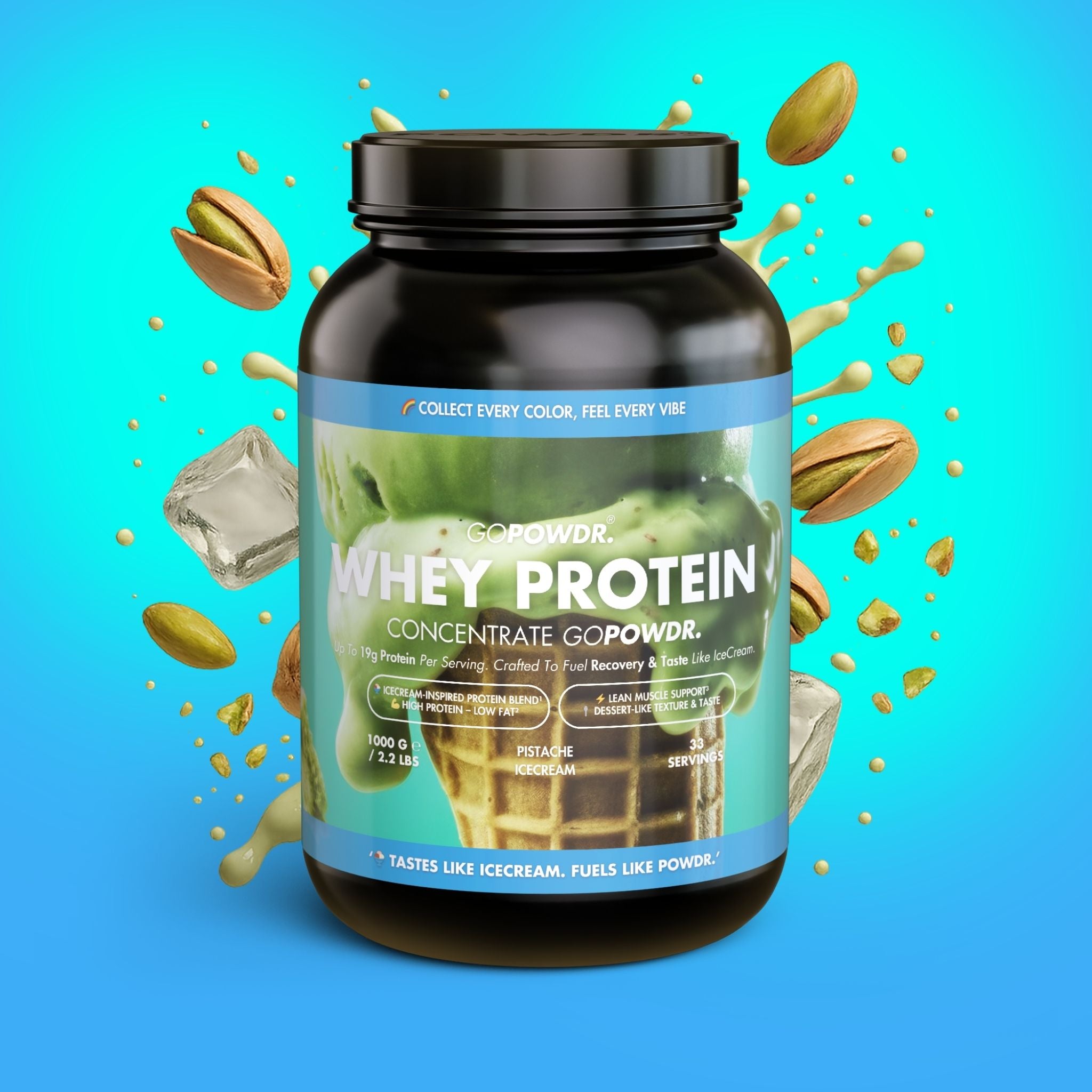 Whey protein powder container with pistachio flavor on a blue background