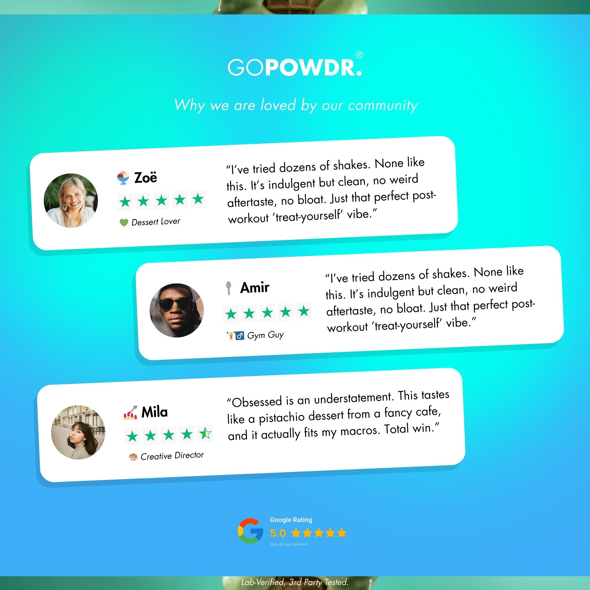 GOPOWDR product page with customer reviews on a blue background