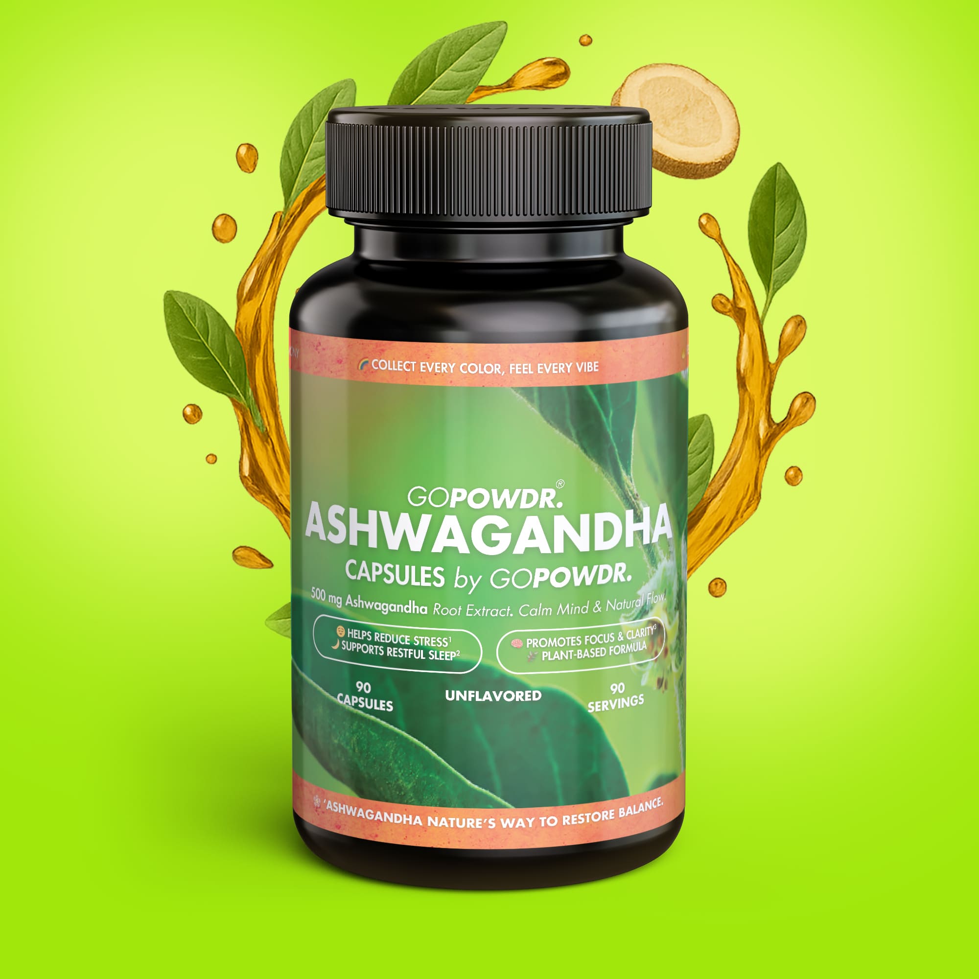 Bottle of GOPOWDR Ashwagandha capsules on a green background with leaves and a root.