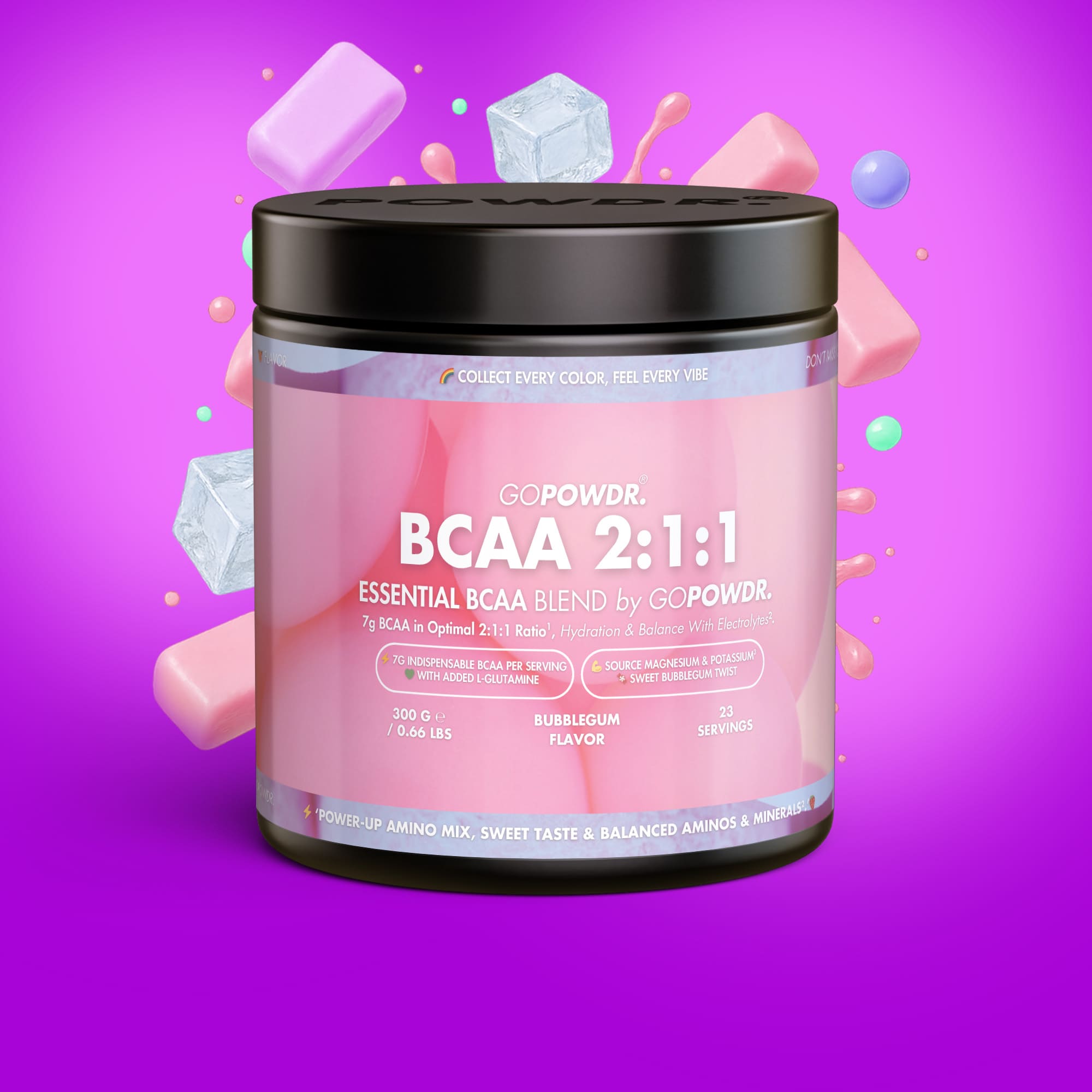 GOPOWR BCAA supplement container on a vibrant purple background with colorful geometric shapes.