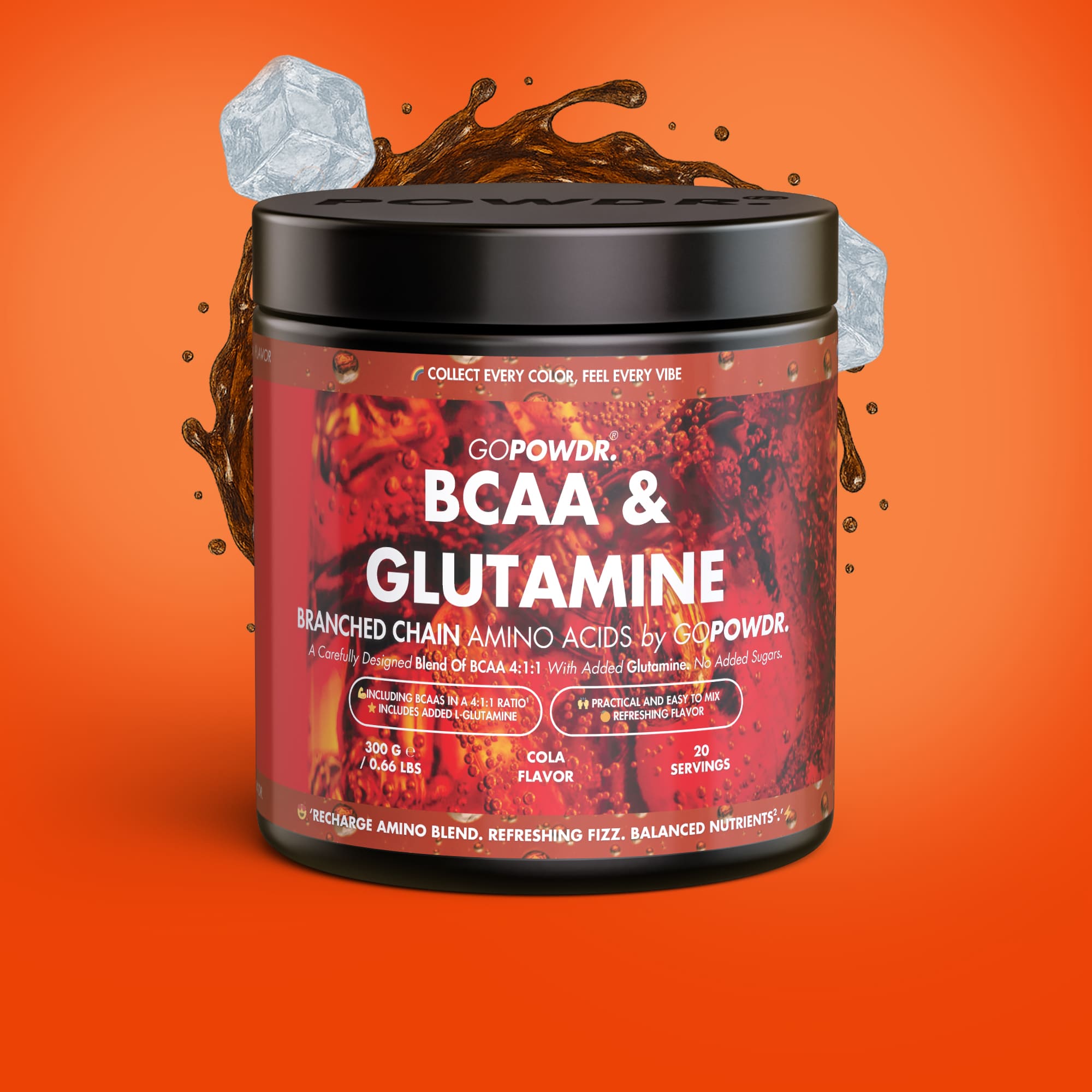 Container of GOPOWDR BCAA & Glutamine supplement on an orange background