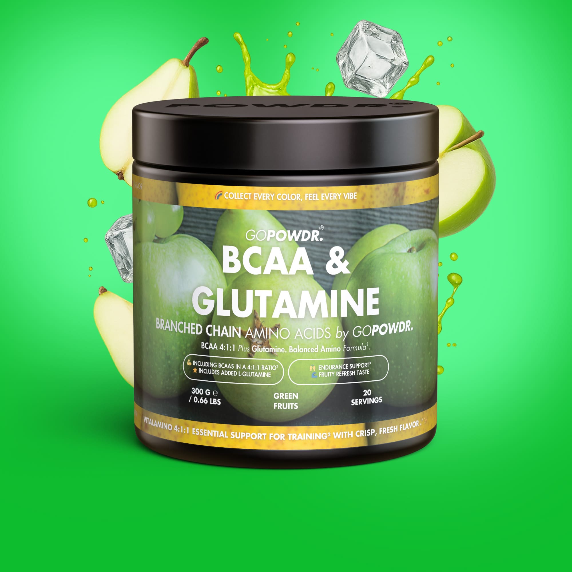 Supplement container labeled 'BCAA & Glutamine' by GOPOWR on a green background with apples and ice cubes.