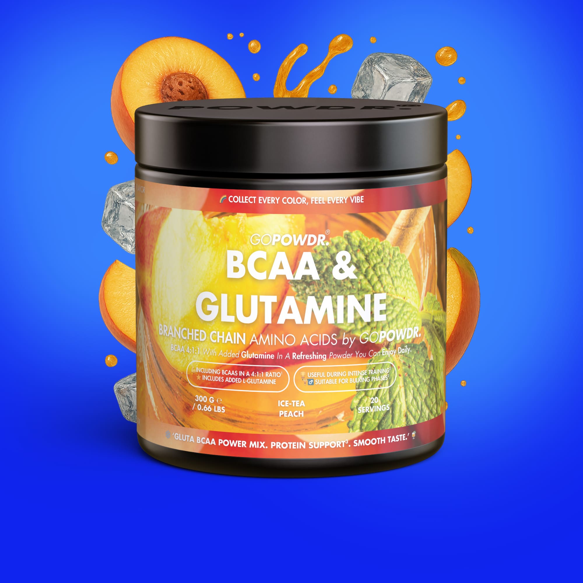 Supplement container labeled 'BCAA & Glutamine' with peach and broccoli graphics on a blue background.