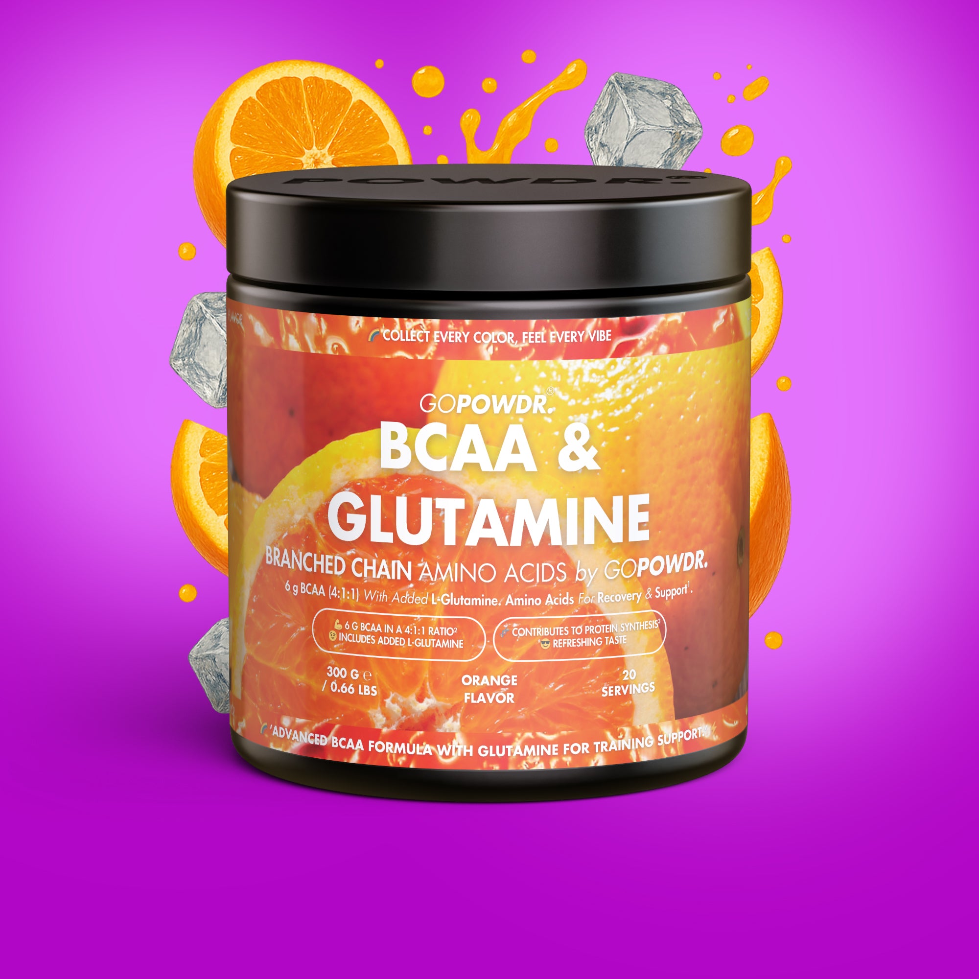 Container of GOPOWDR BCAA & Glutamine supplement with orange slices and diamonds on a purple background
