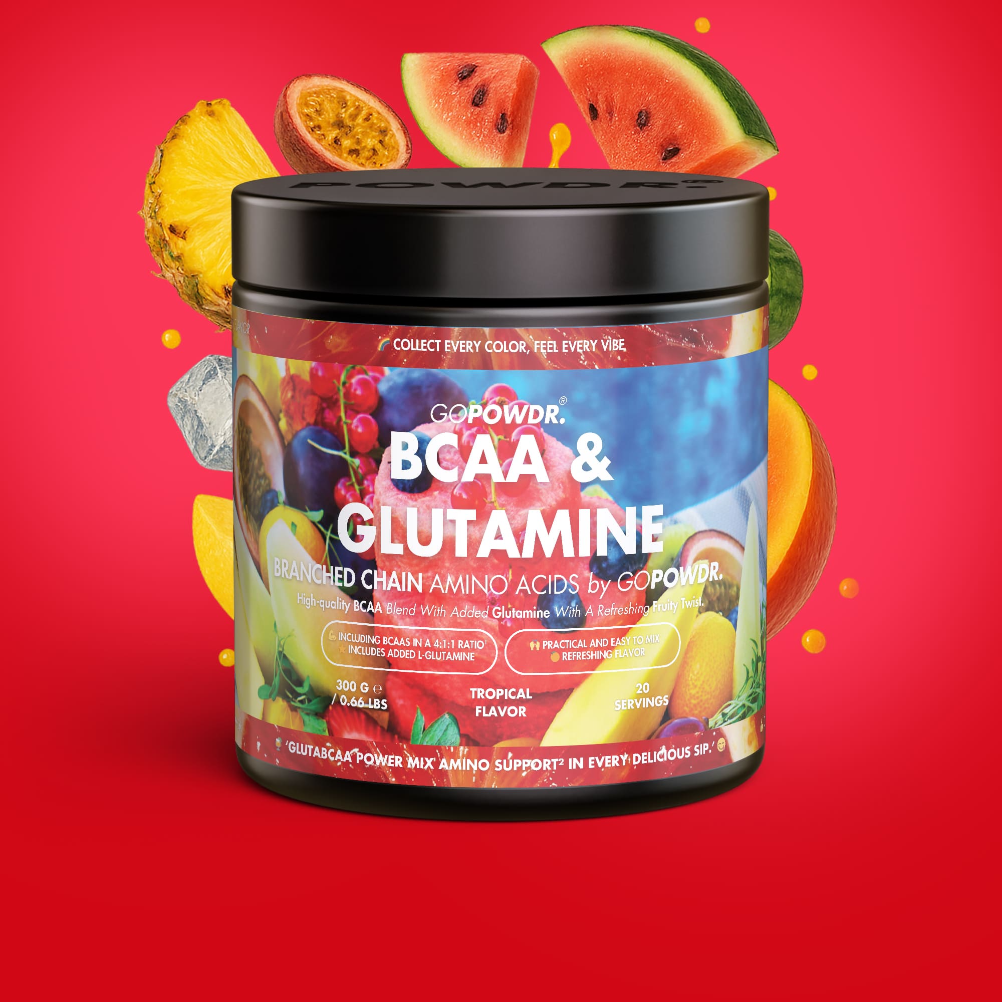 Supplement container labeled 'BCAA & Glutamine' with colorful design on a red background