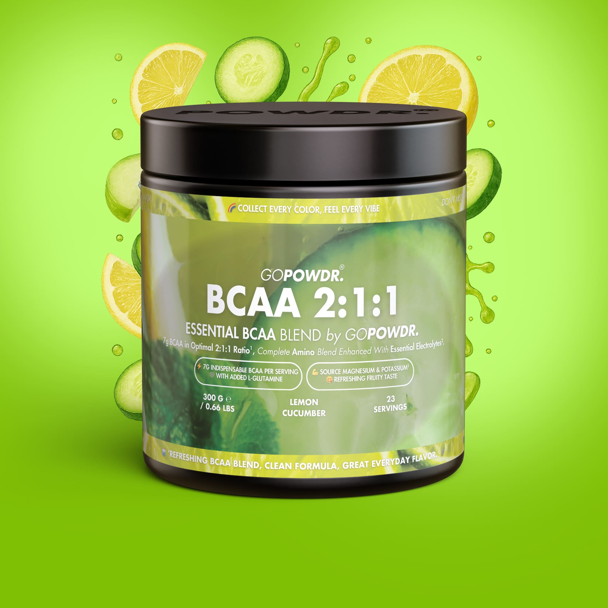 GOPOWDR BCAA supplement container with lemon and cucumber graphics on a green background
