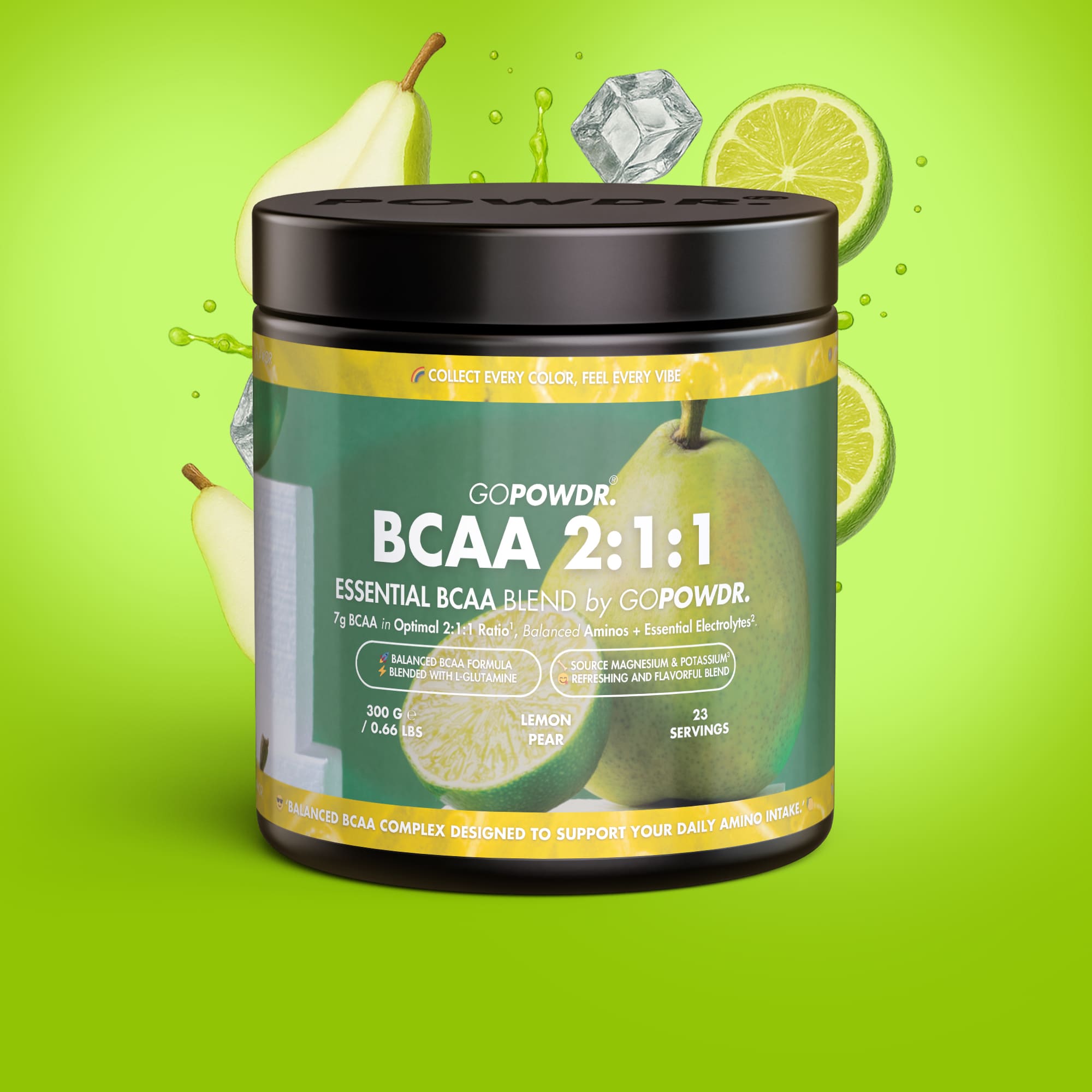 GOPOWRDR BCAA supplement container with lemon and pear graphics on a green background