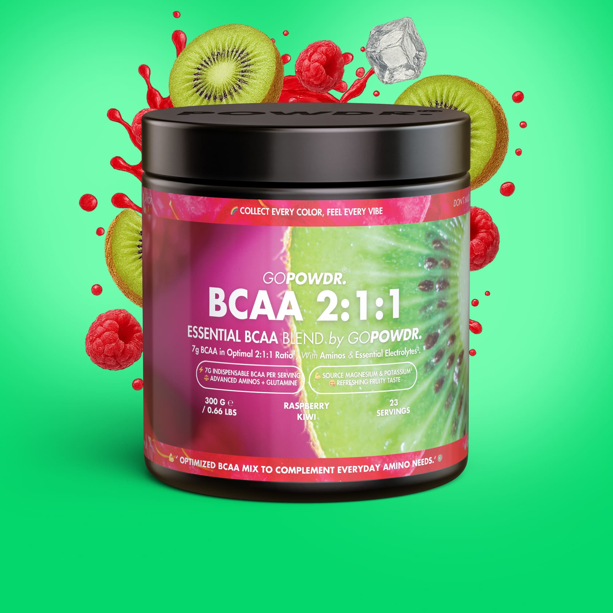 GOPOWDR BCAA supplement container with fruit elements on a green background