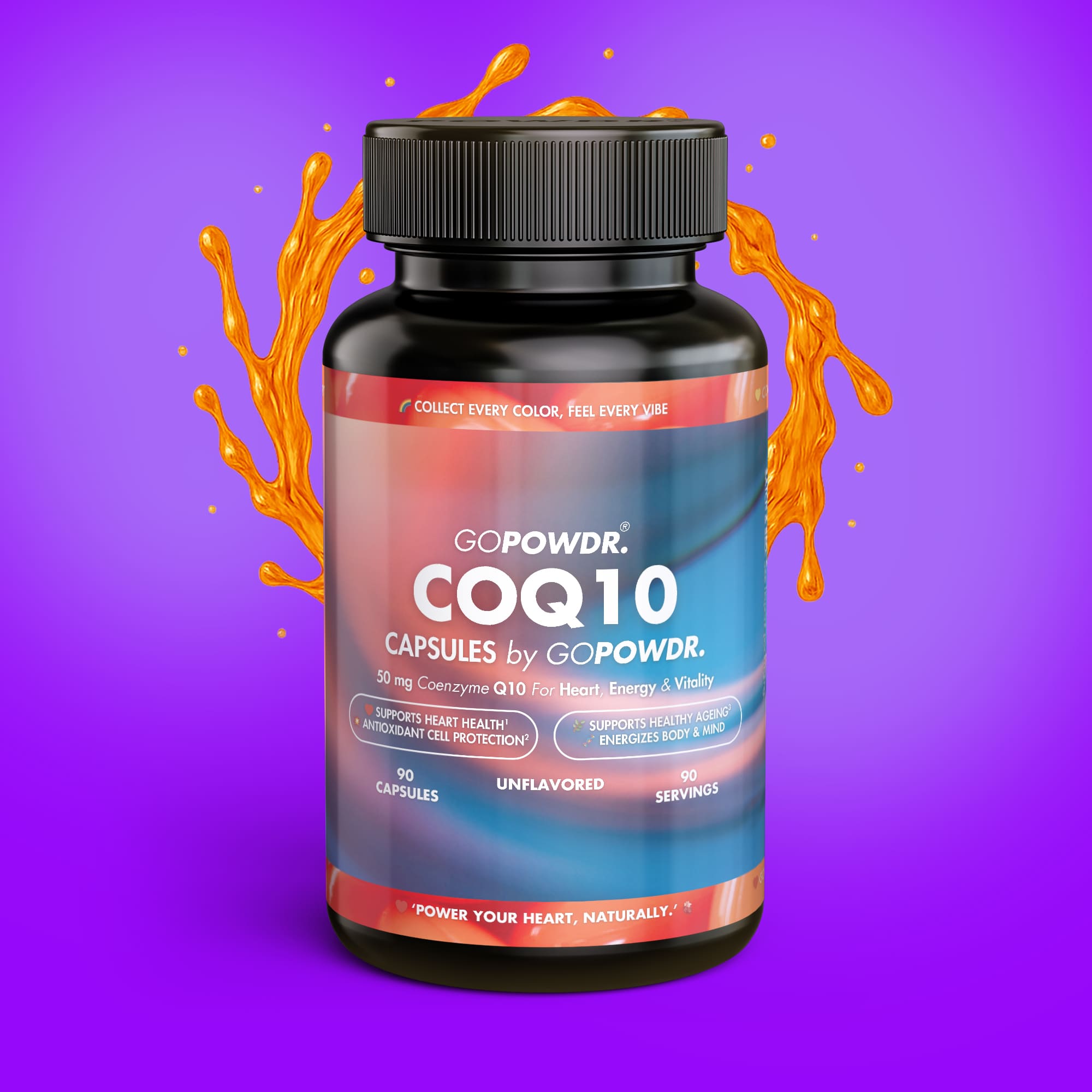 Bottle of GOPOWDR COQ10 capsules on a purple background with orange splashes