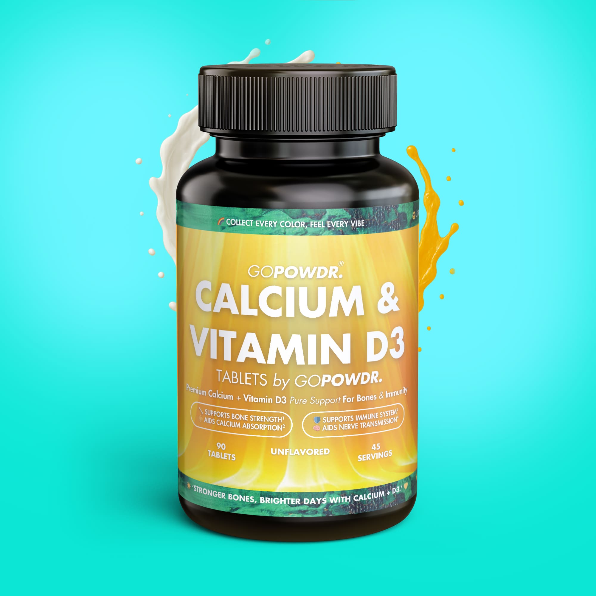 Bottle of Calcium & Vitamin D3 supplements by GOPOWDR on a bright blue background