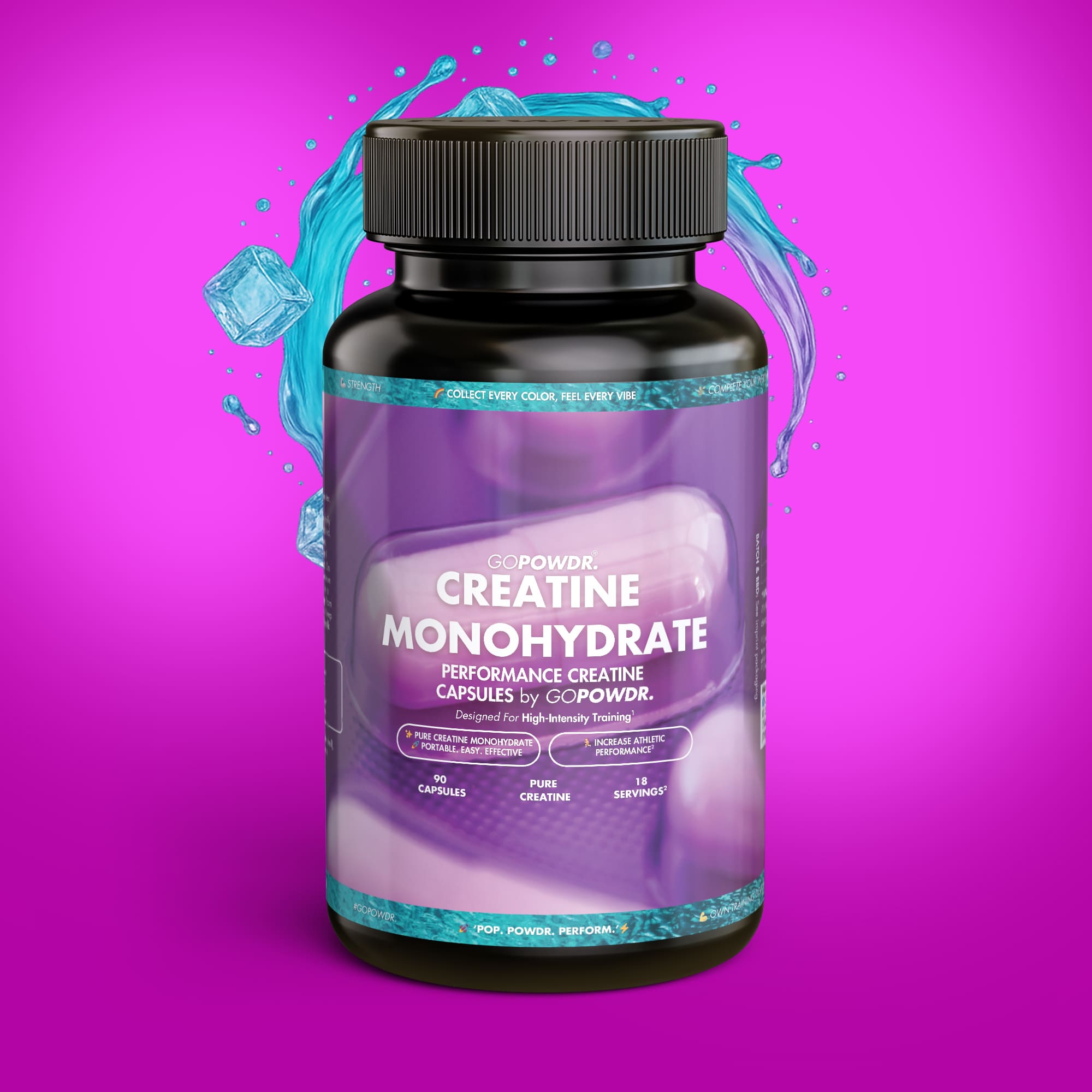 Bottle of Creatine Monohydrate capsules on a purple background