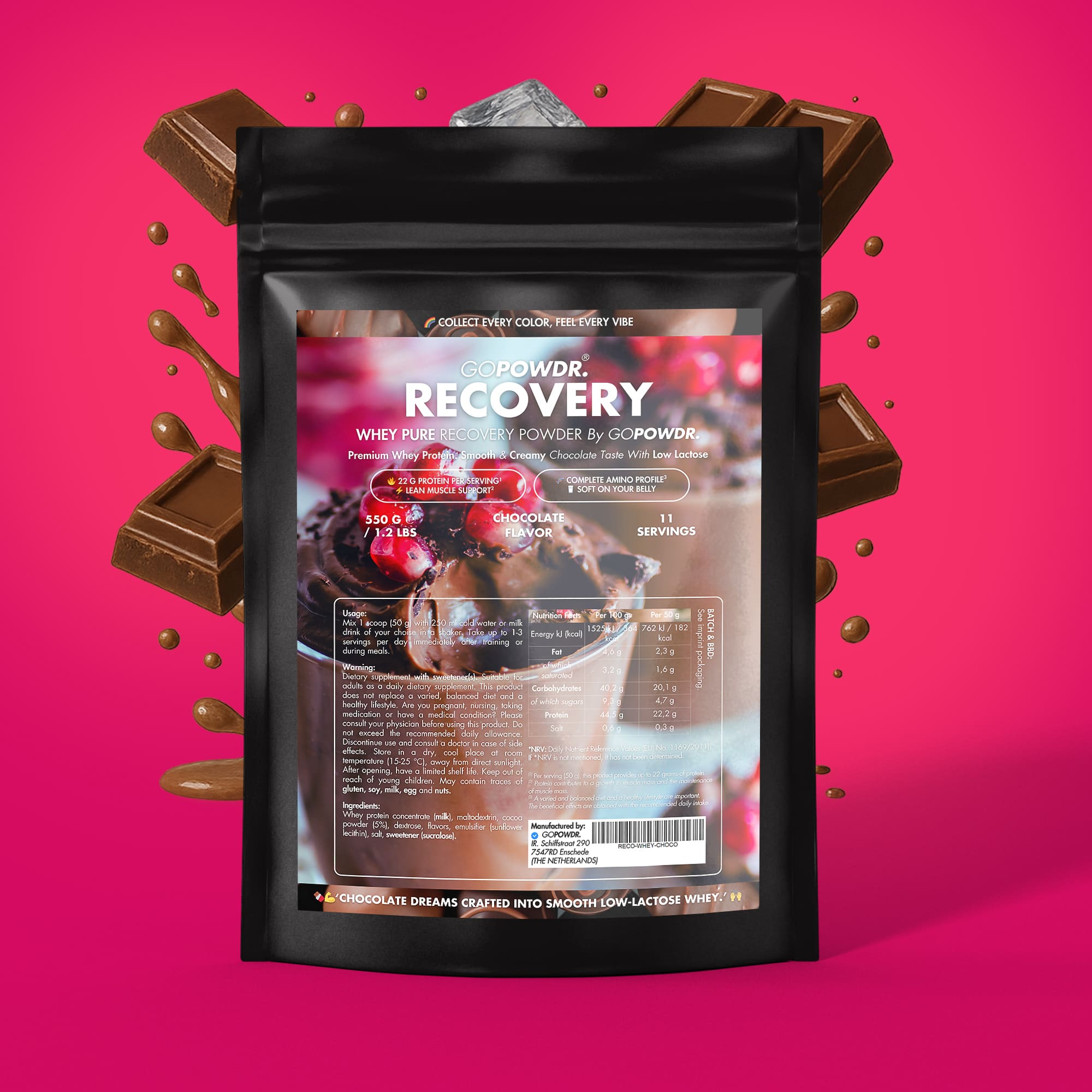 Powder recovery supplement package with chocolate elements on a pink background