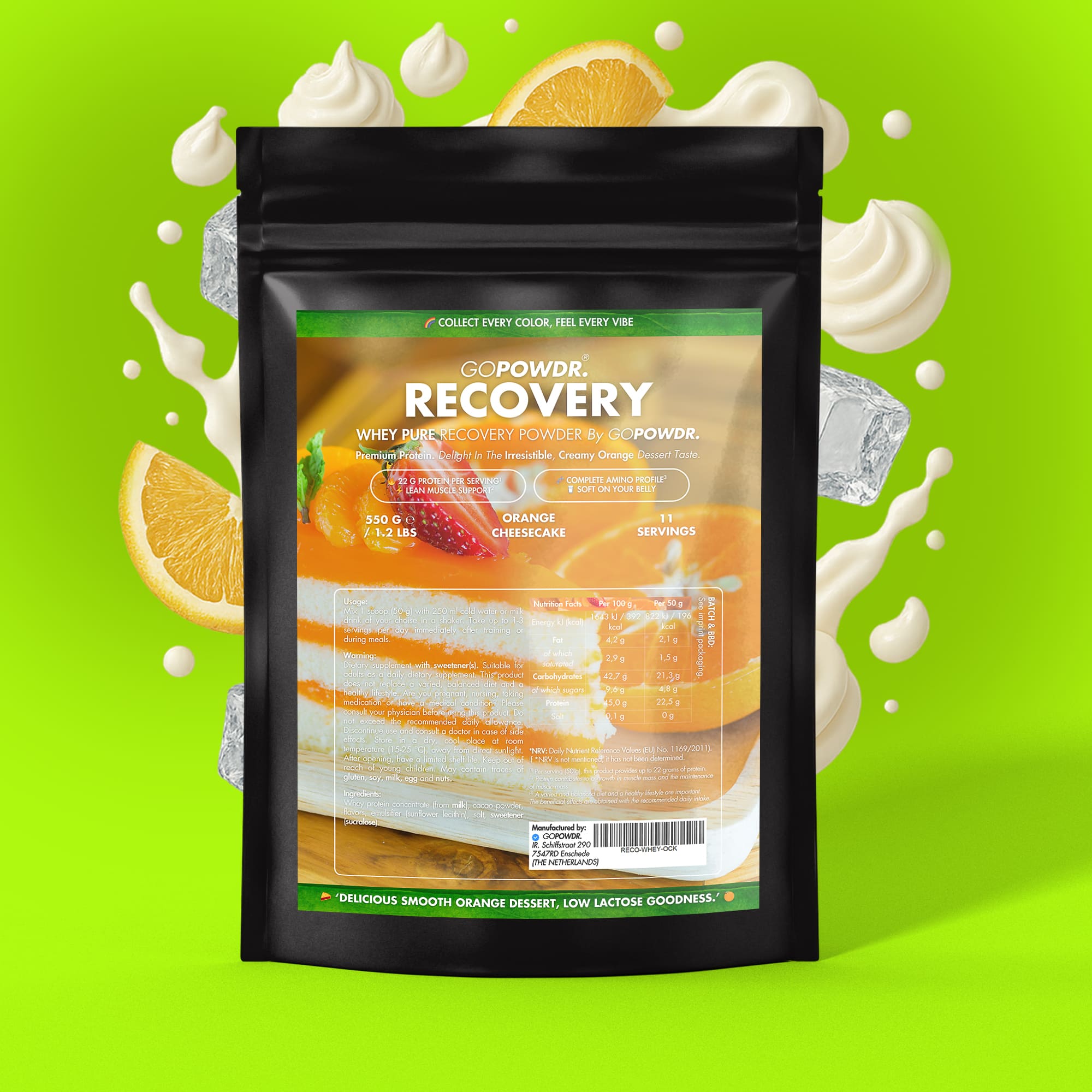 GO POWDER Recovery powder package with orange slices and whipped cream on a green background