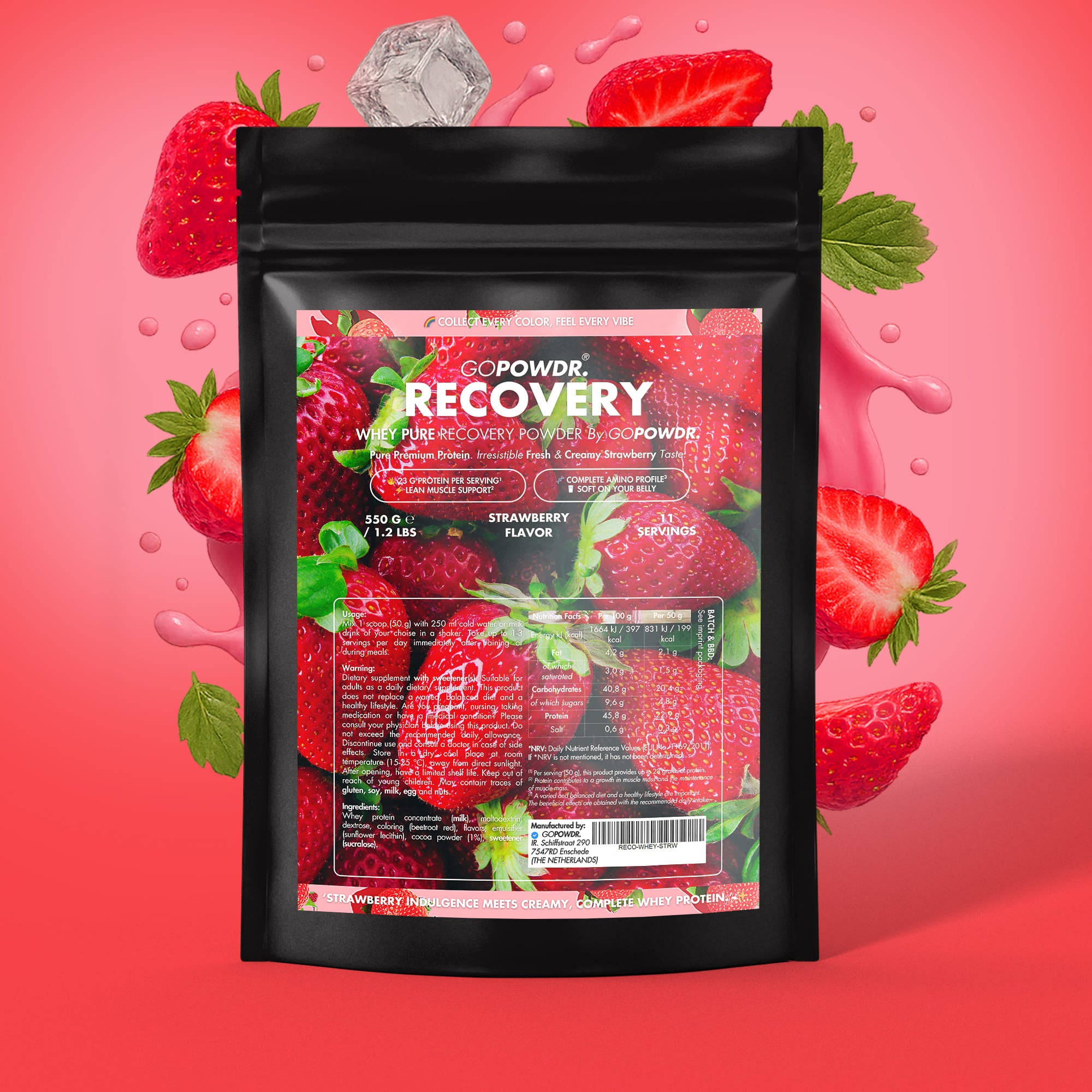 Powder recovery supplement package with strawberries on a pink background