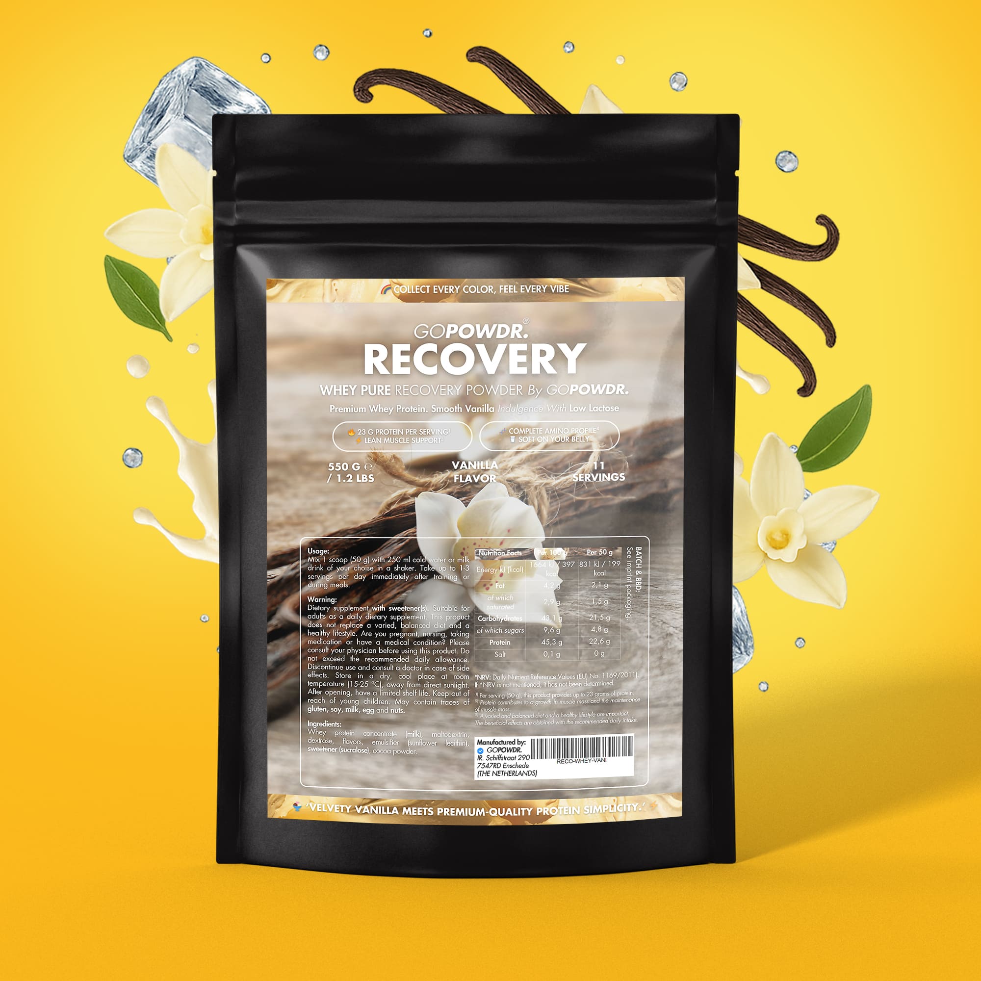 Powdered recovery supplement package with vanilla flavor on a yellow background