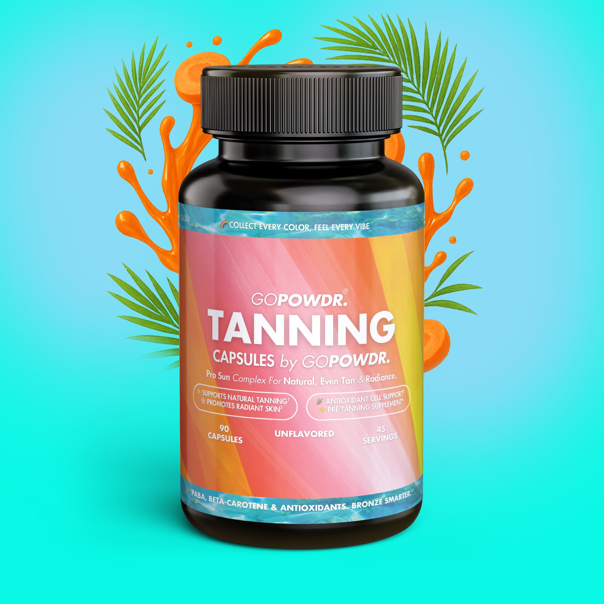 Bottle of GO POWDR Tanning Capsules on a colorful background with leaves and splashes.