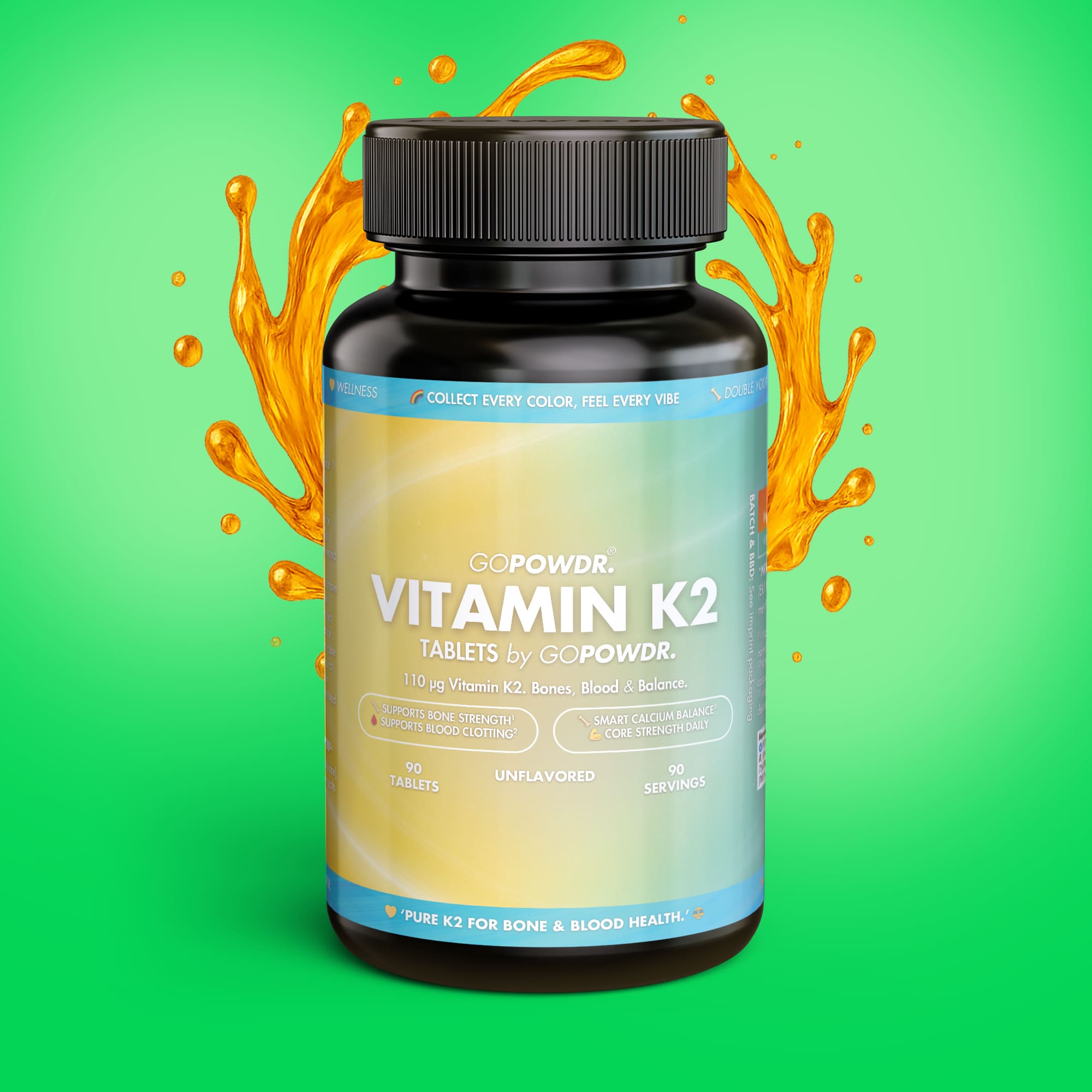 Bottle of Vitamin K2 tablets with orange liquid splash on a green background