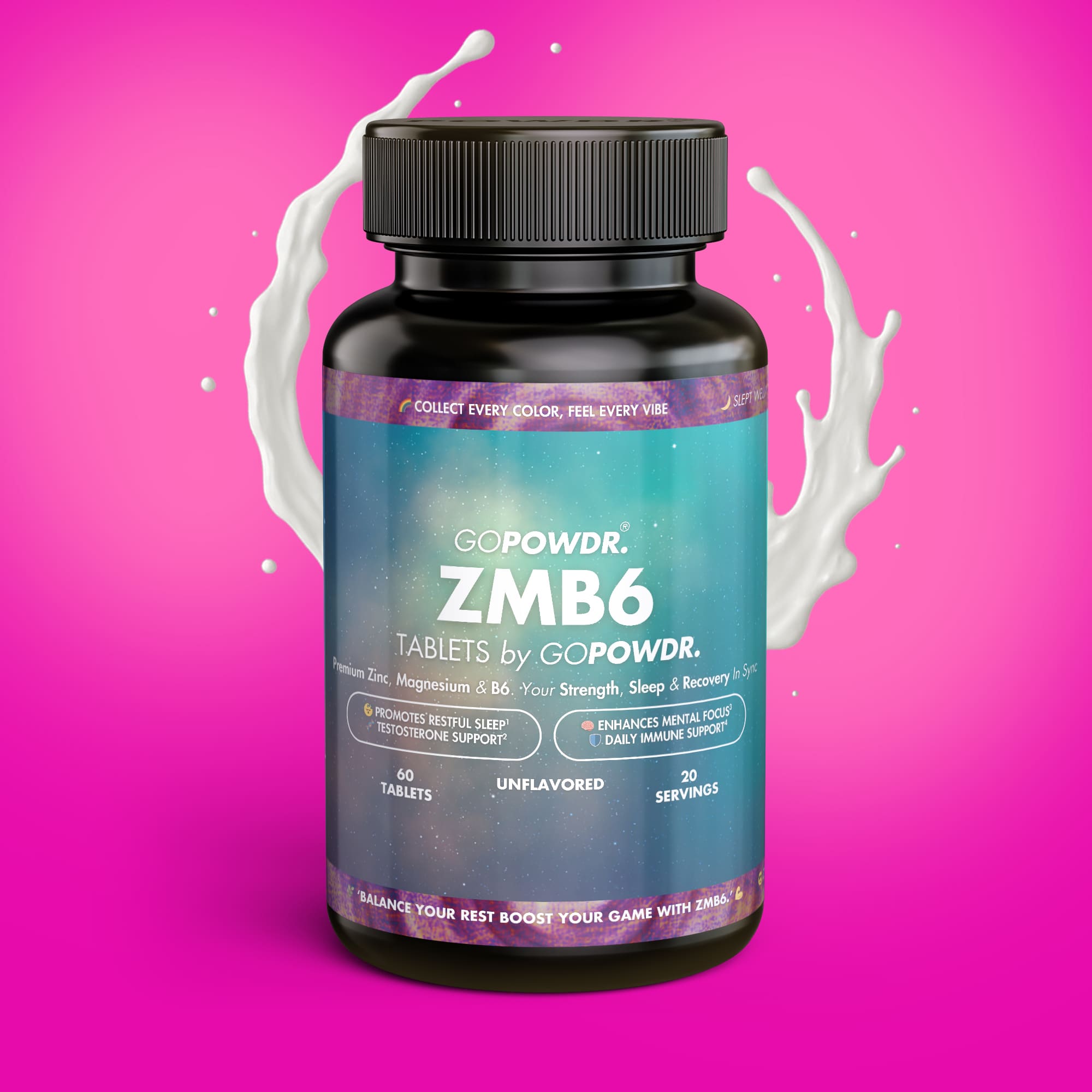 Bottle of GOPOWDR ZMB6 on a pink background with white splashes