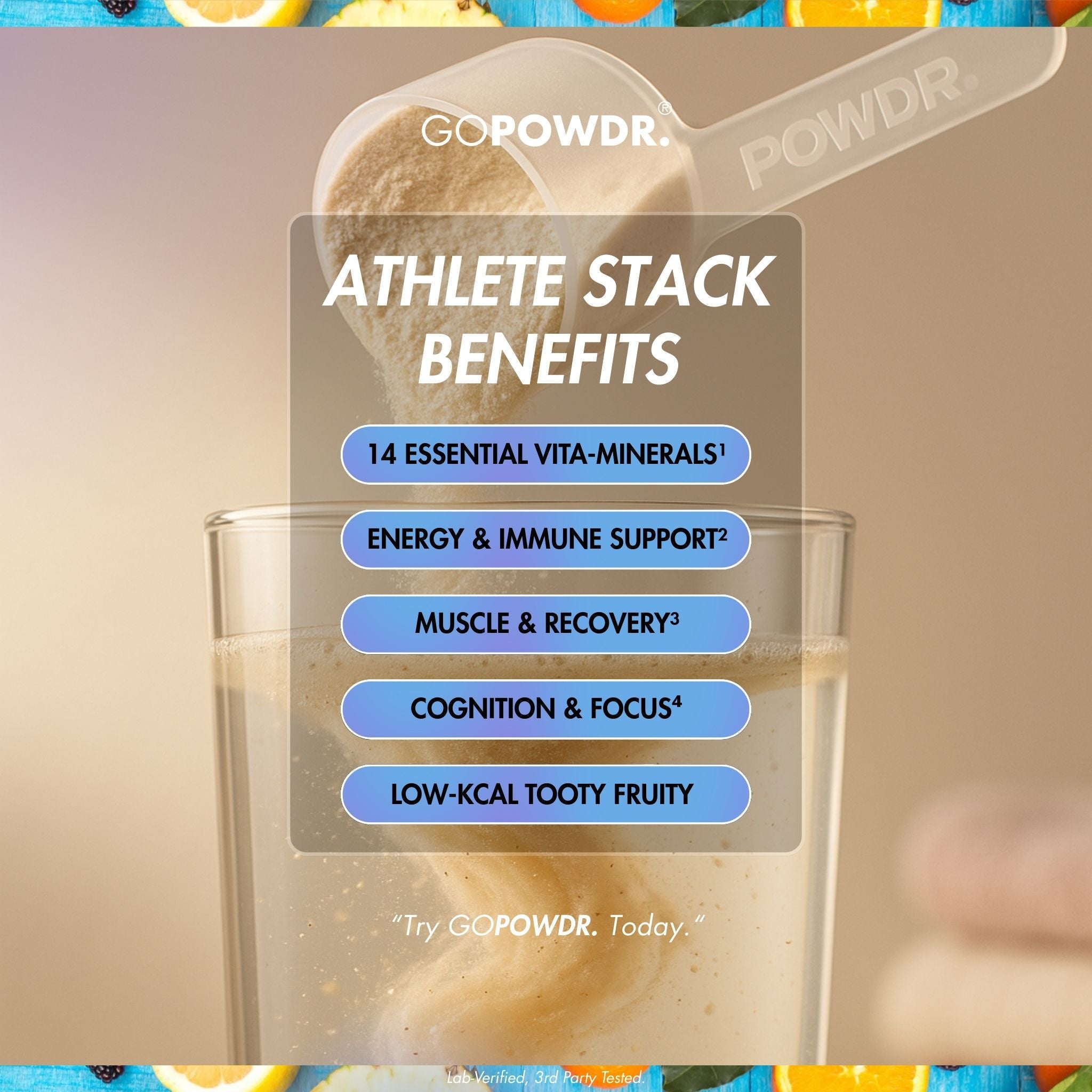 GOPOWDR athlete stack benefits with a glass of powder and liquid on a colorful background