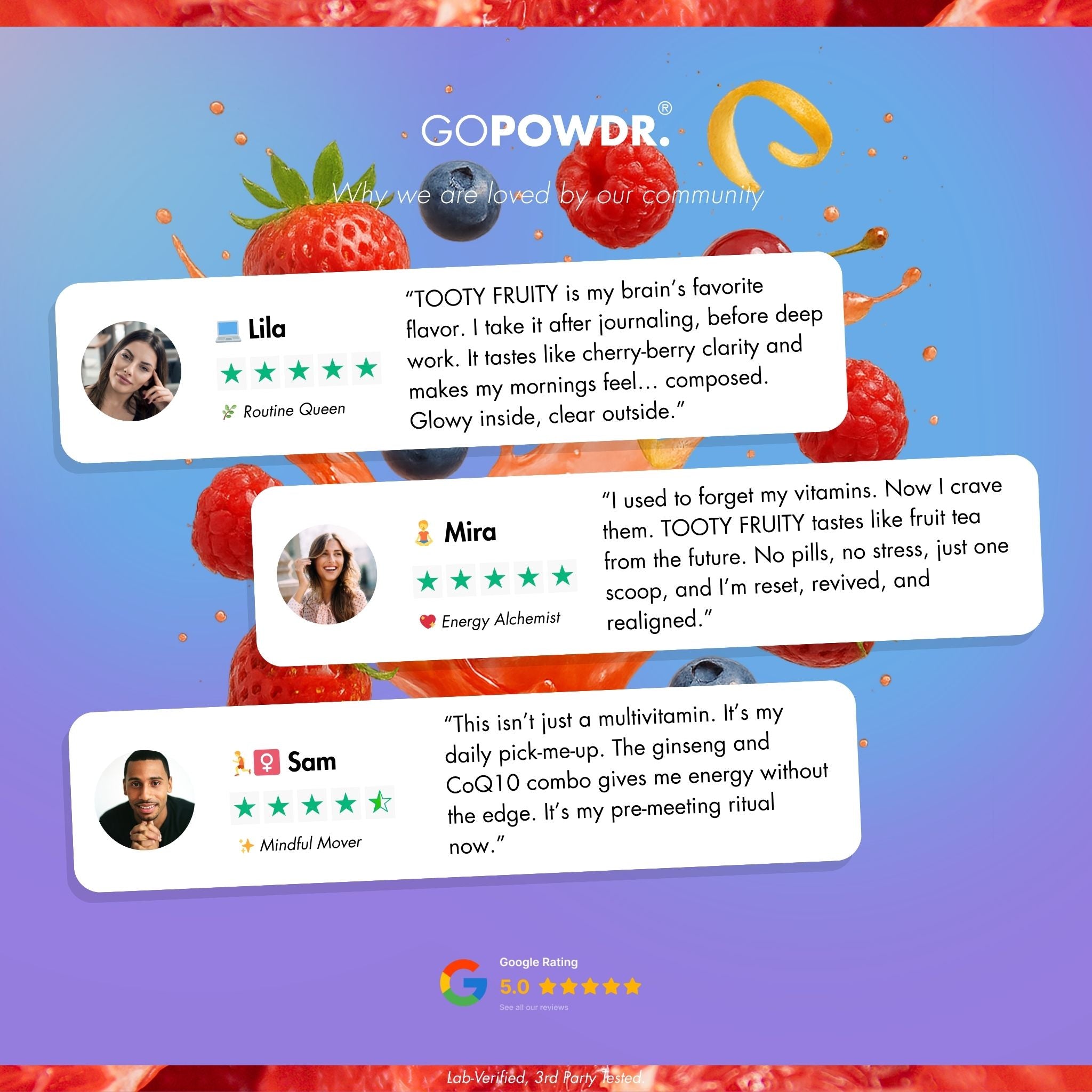 GOPOWDR product advertisement with customer reviews and colorful background