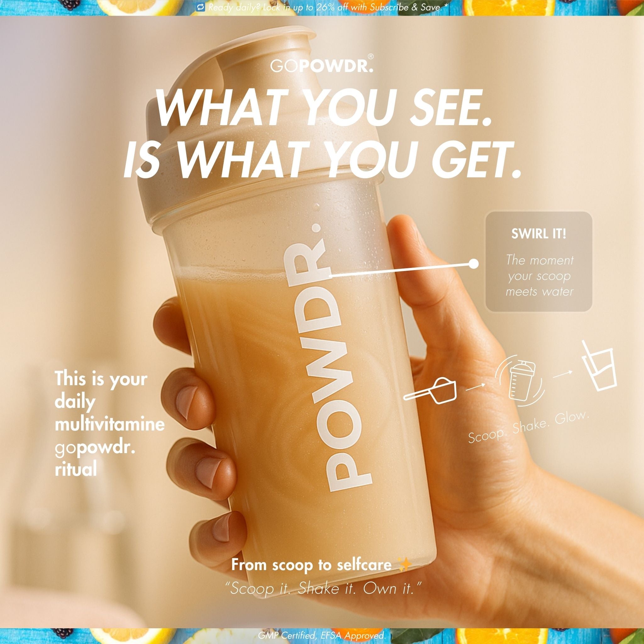 Hand holding a Gopowdr shaker with text about daily multivitamin routine