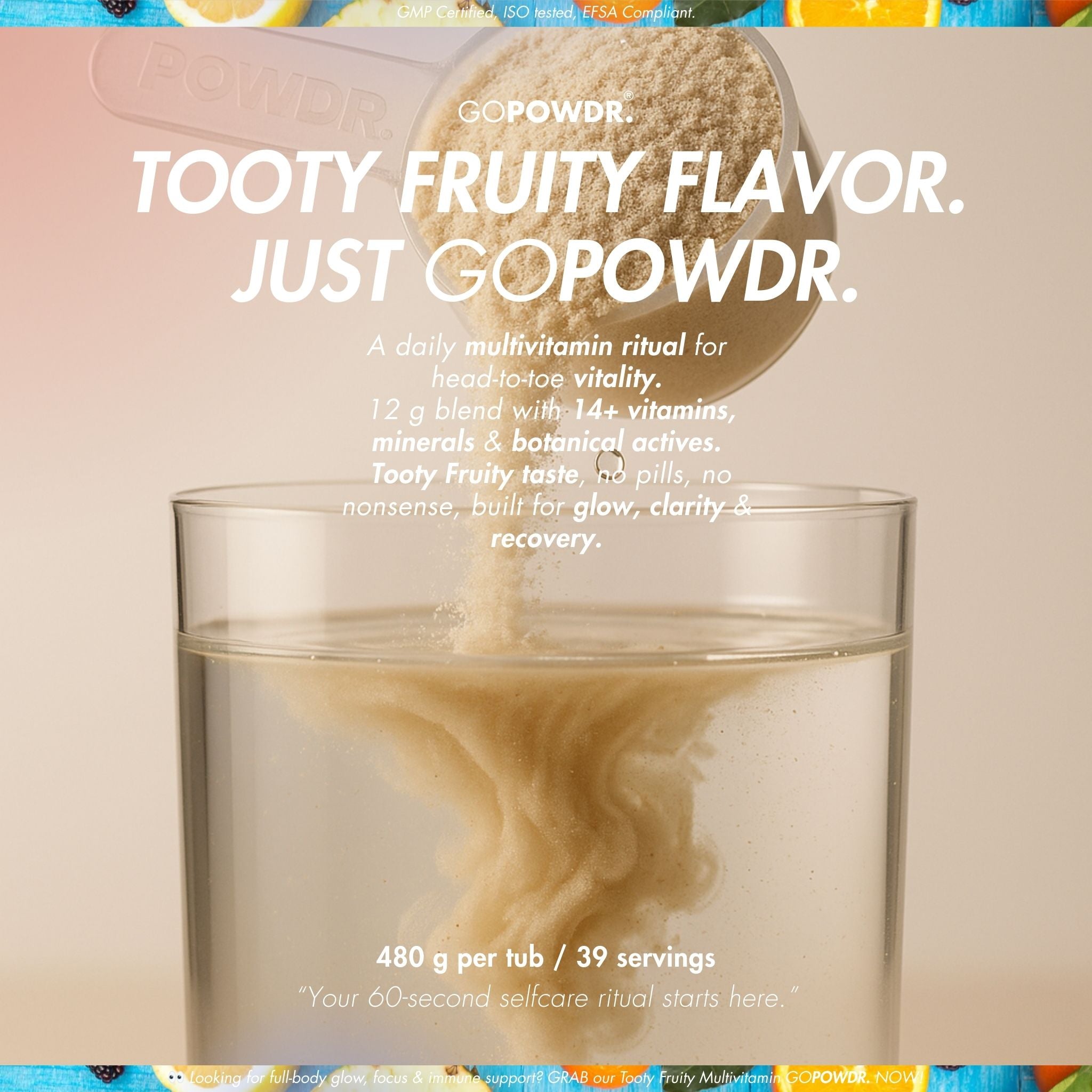 GoPowder tooty fruity flavor supplement being poured into a glass of water with promotional text.