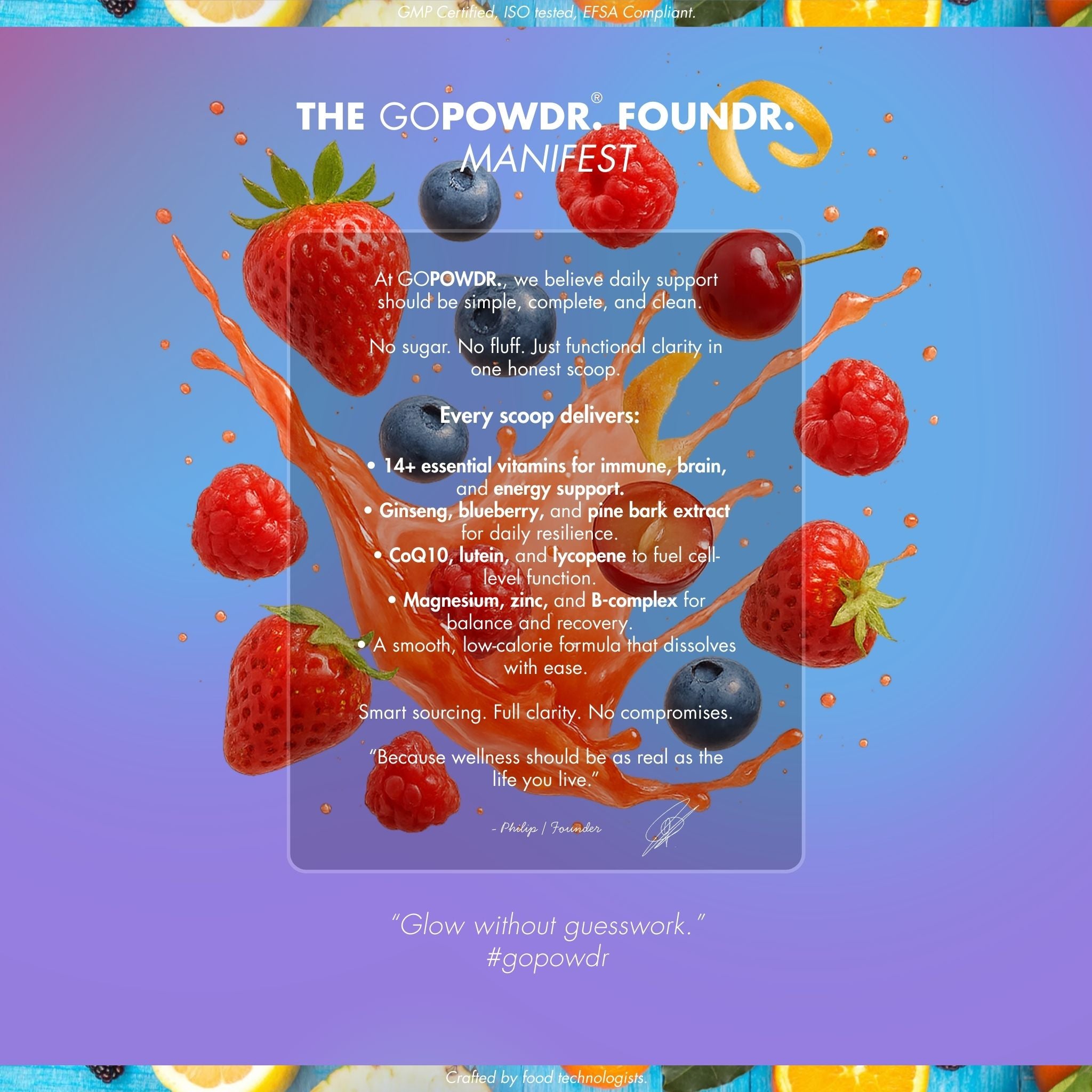 Advertisement for GoPowder with berries and product description on a colorful background
