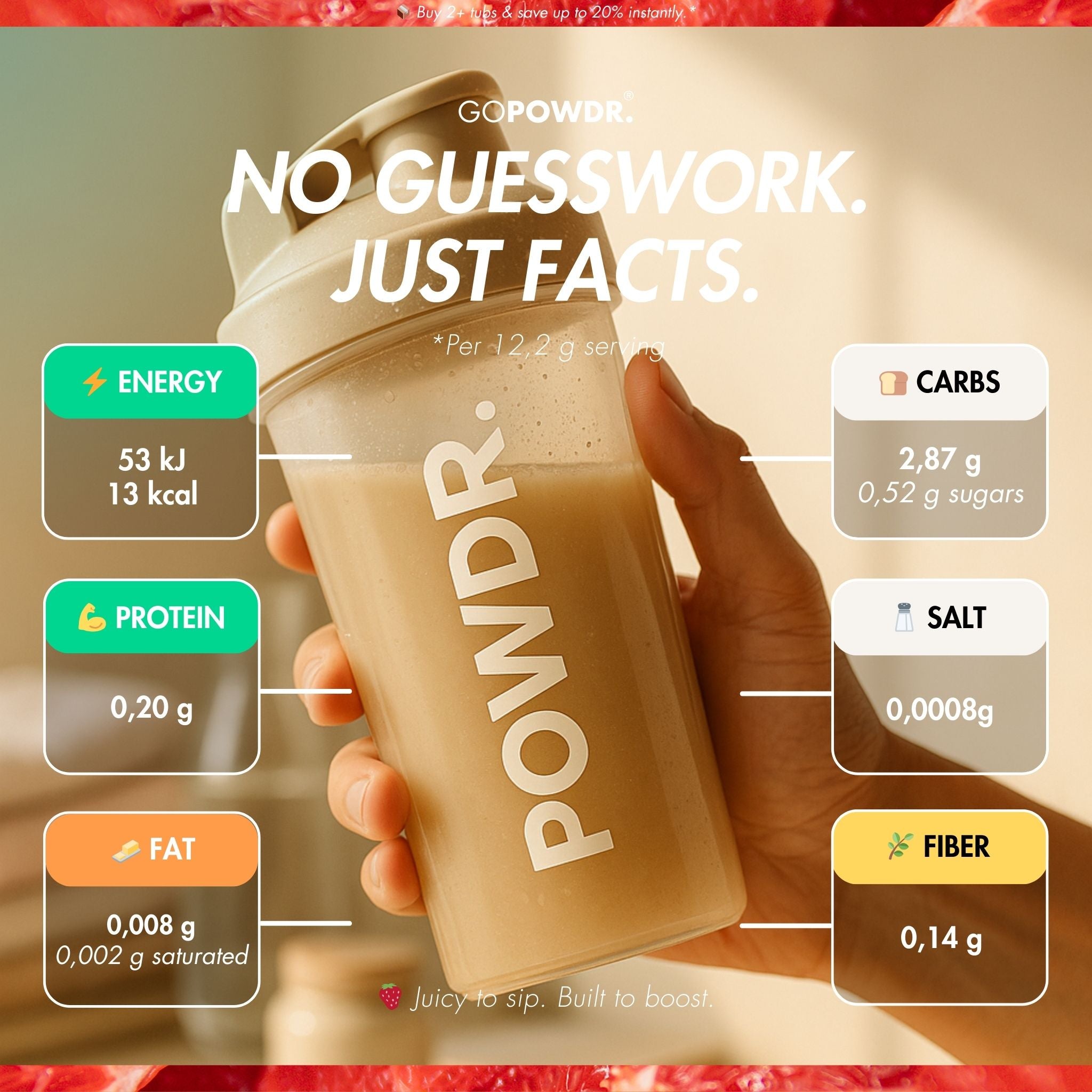 POWDR protein shake container with nutritional information displayed