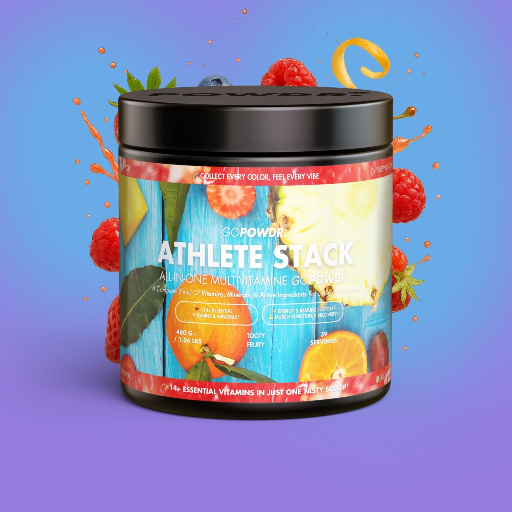 Supplement container labeled 'Athlete Stack' with colorful fruit graphics on a gradient background
