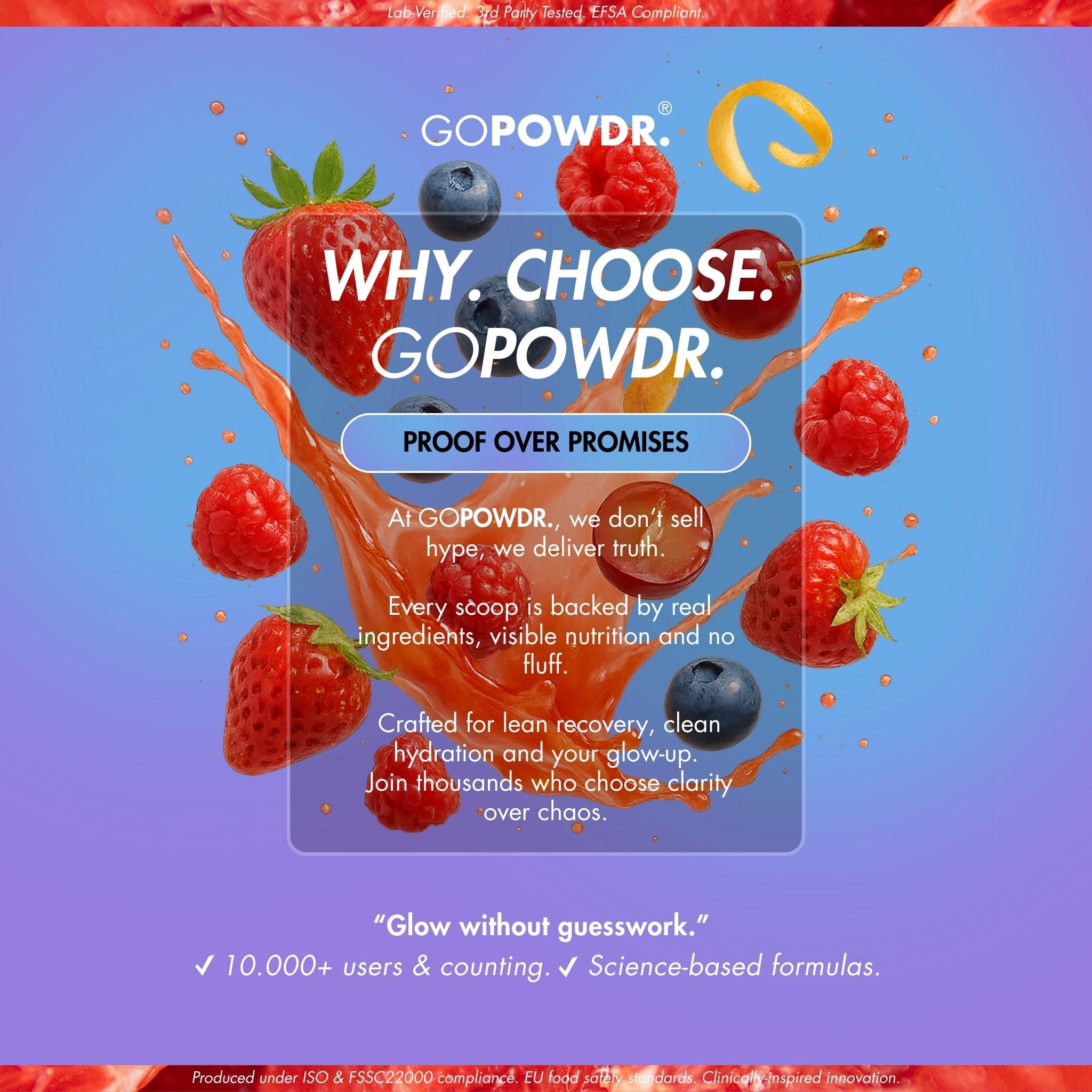 Advertisement for GOPOWDR with berries and a splash of liquid on a blue and red background.