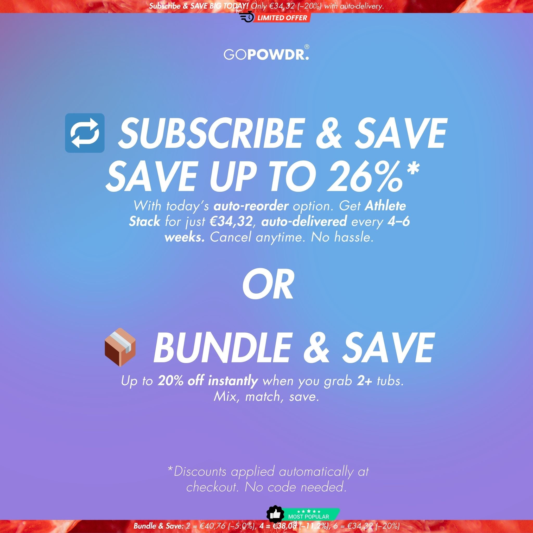 Promotional graphic from GOPOWDR with subscription and bundle saving options on a gradient blue and purple background.