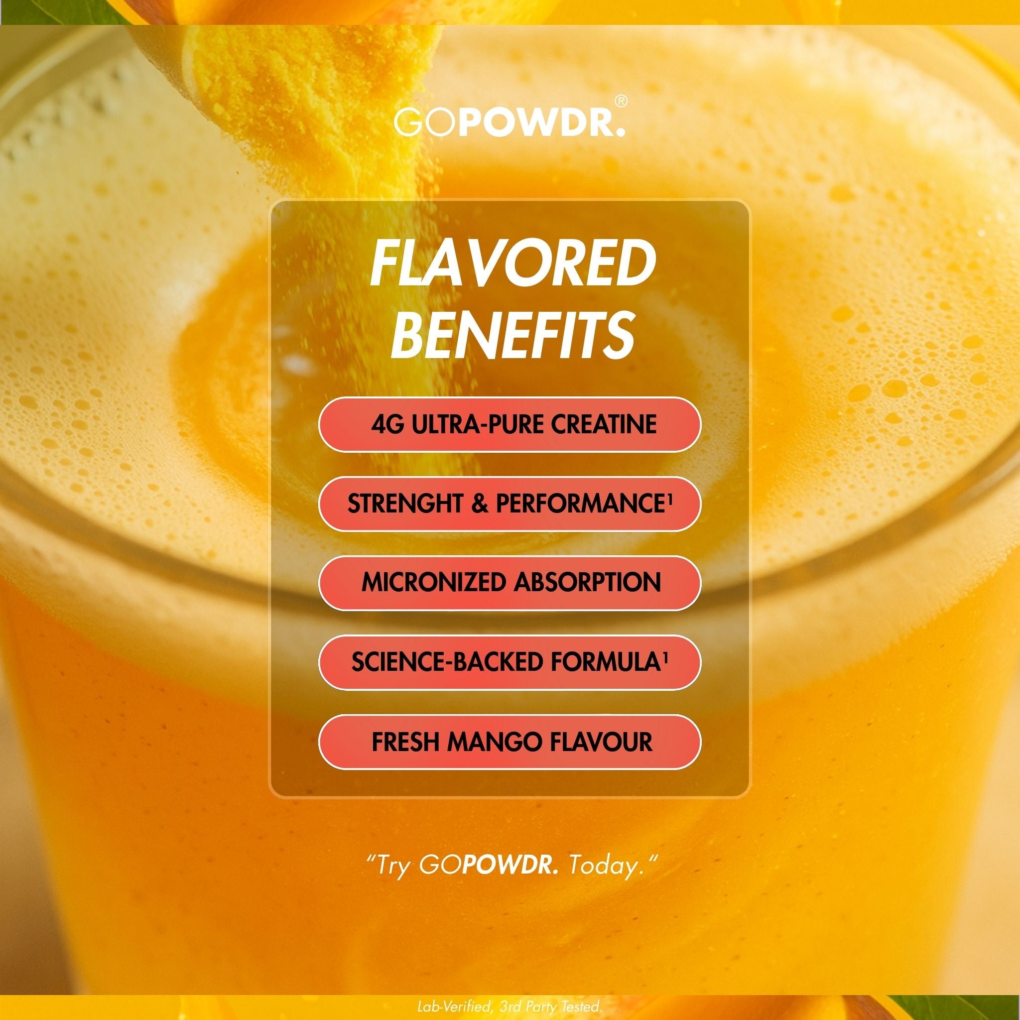 GOPOWDR flavored benefits text overlay on a glass of orange juice with mango slices.