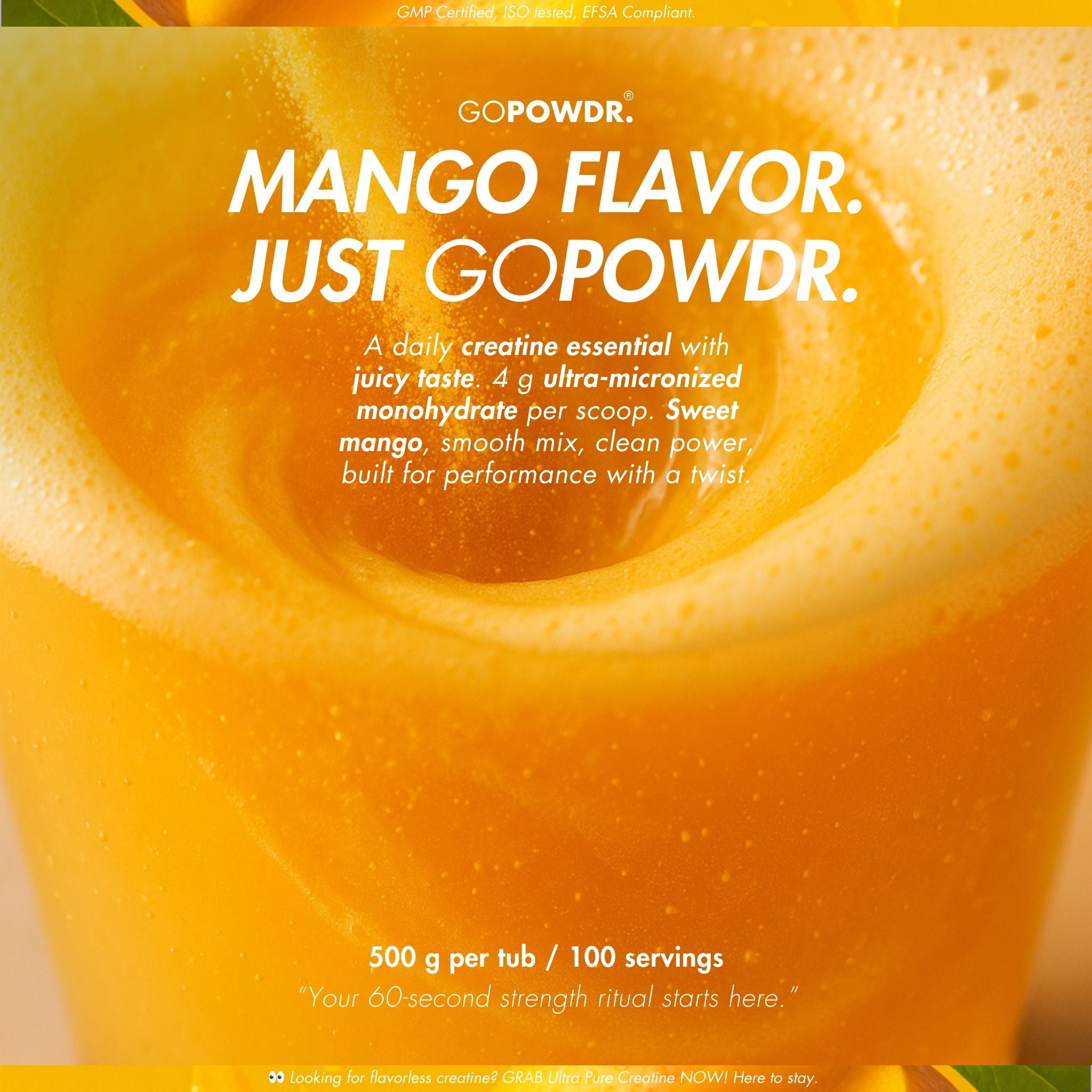 Mango-flavored powder with text about GOPOWDR on a yellow background