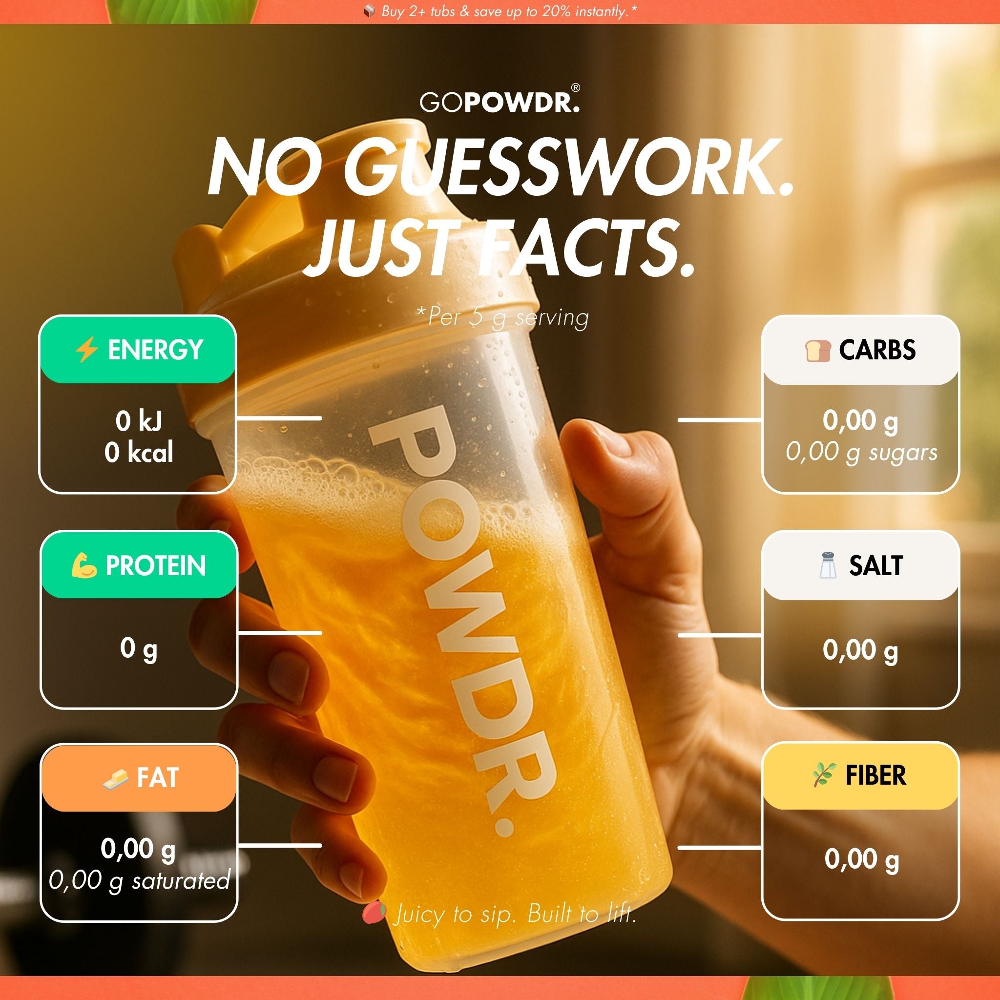 Orange powdr shaker bottle held by a hand with nutritional information displayed.
