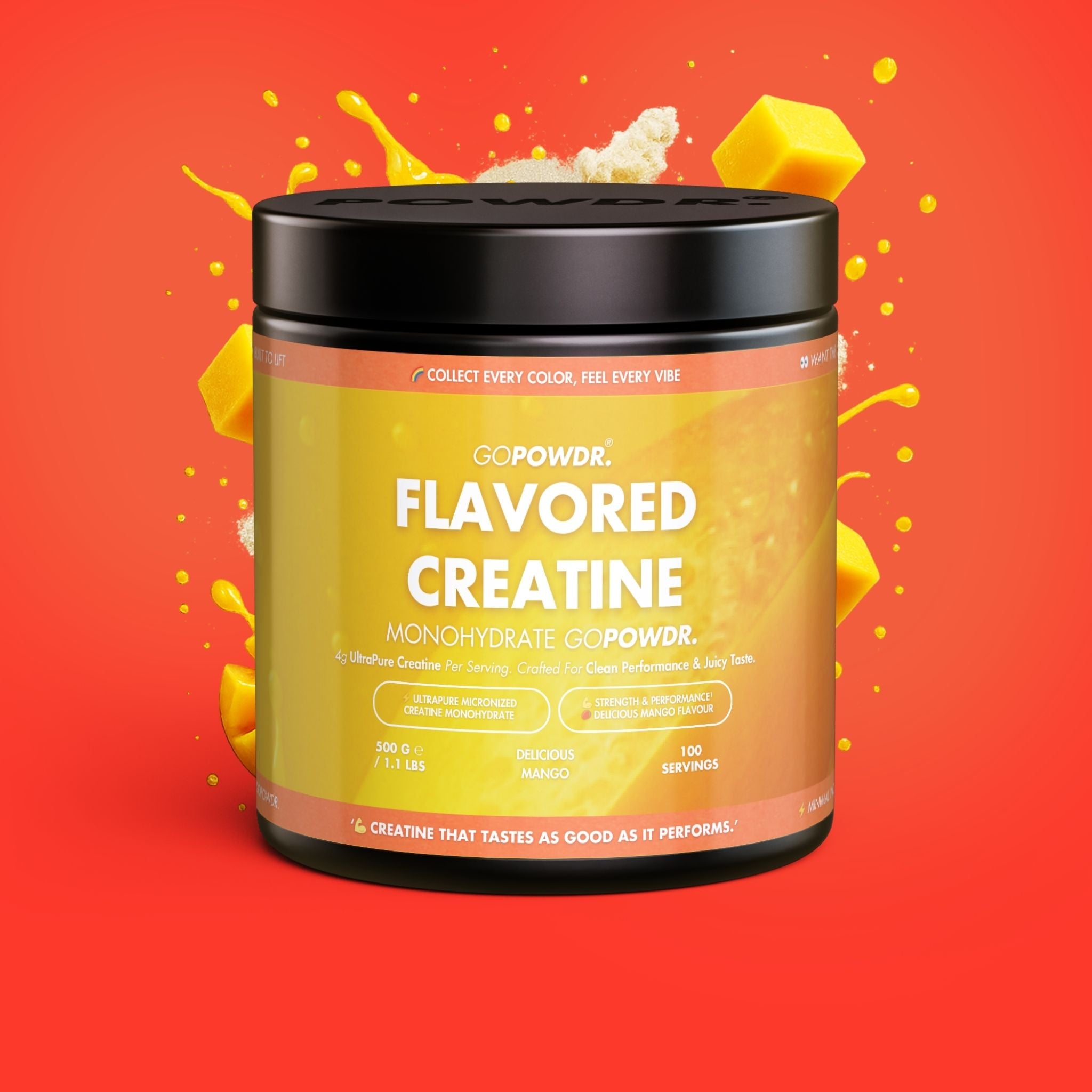 GOPOWDR Flavored Creatine container on a red background