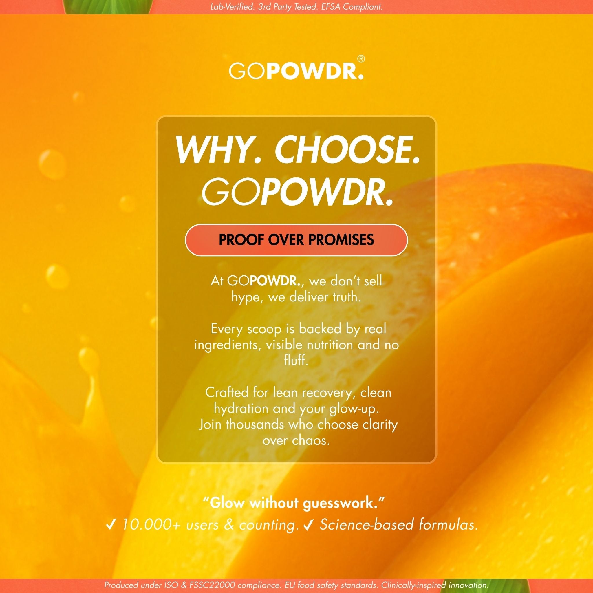 GOPOWDR advertisement with a bright orange background and text about product authenticity and benefits.