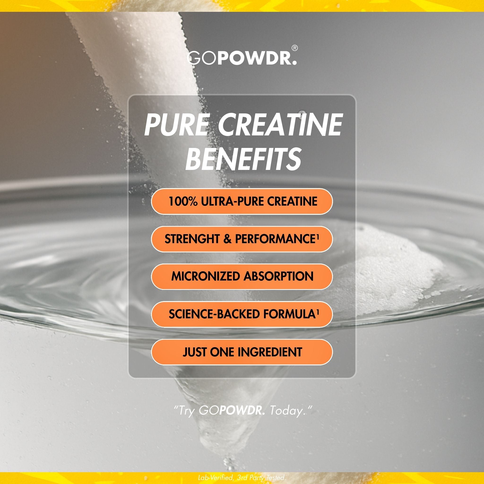 GOPOWDR pure creatine benefits text overlay on a glass of water with creatine powder.